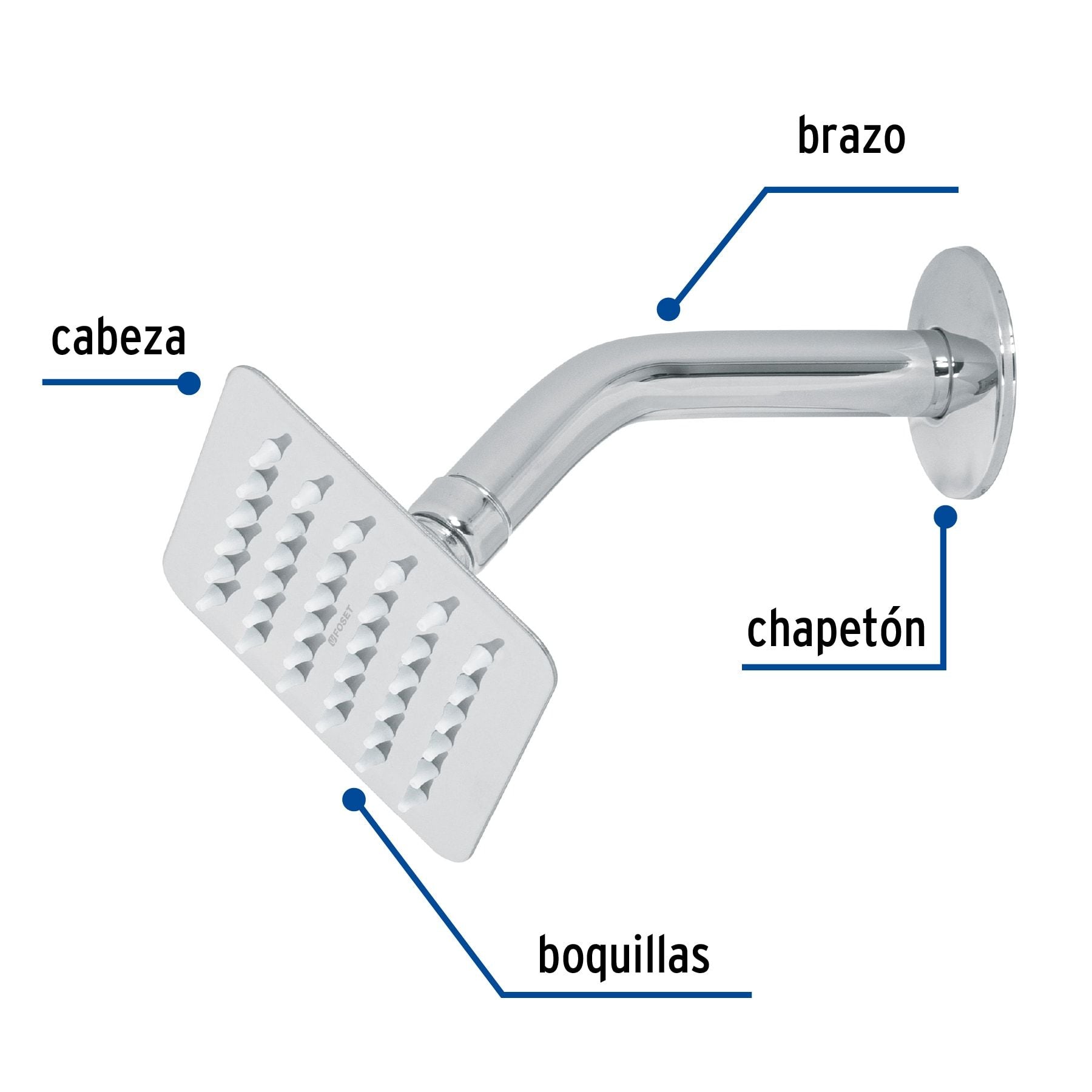 Regadera Cuadrada  4" con Brazo Acero Inoxidable FOSET TUBIG Acabado Cromo
