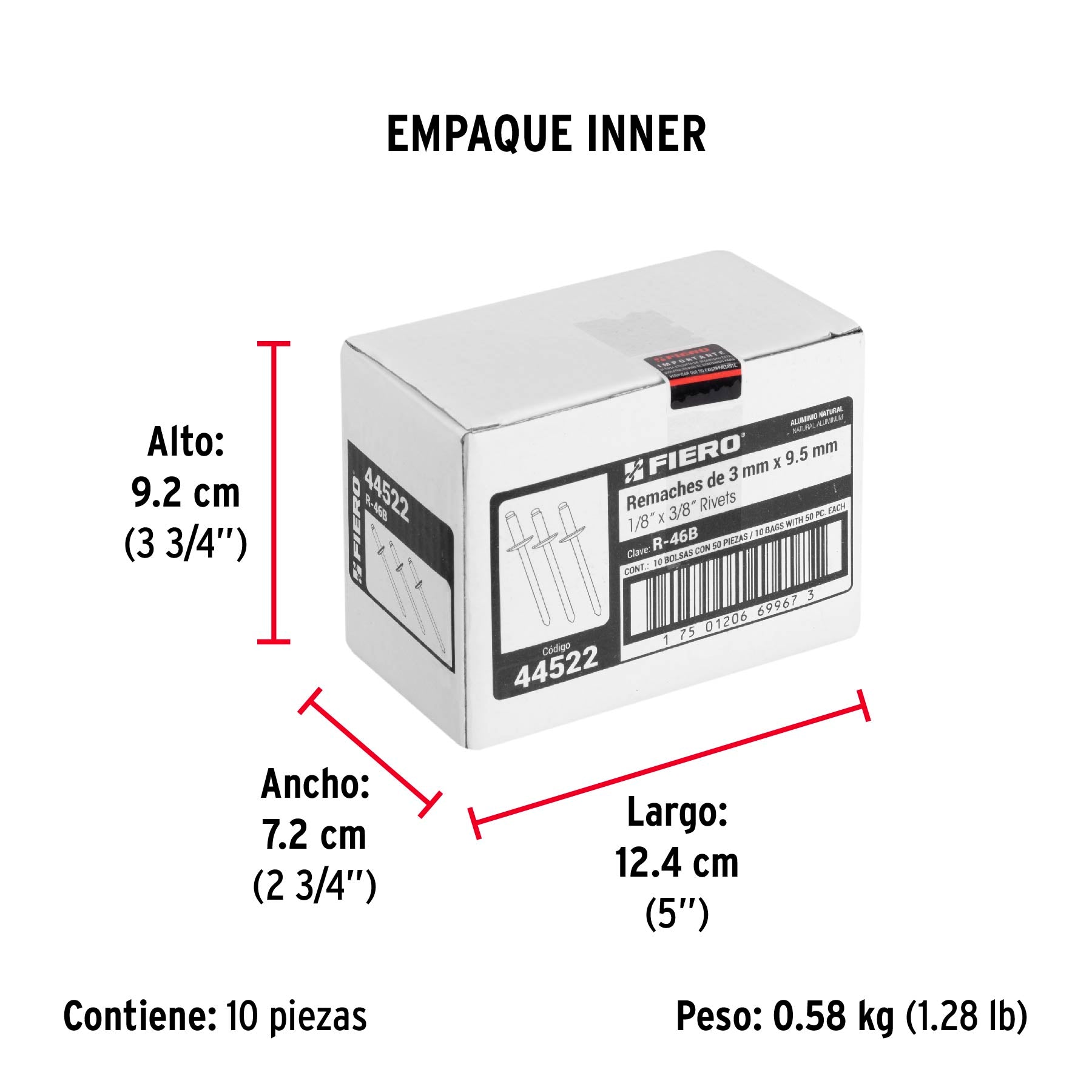 Remache 46 de 1/8" X 3/8'' Fiero Bolsa con 50 Piezas
