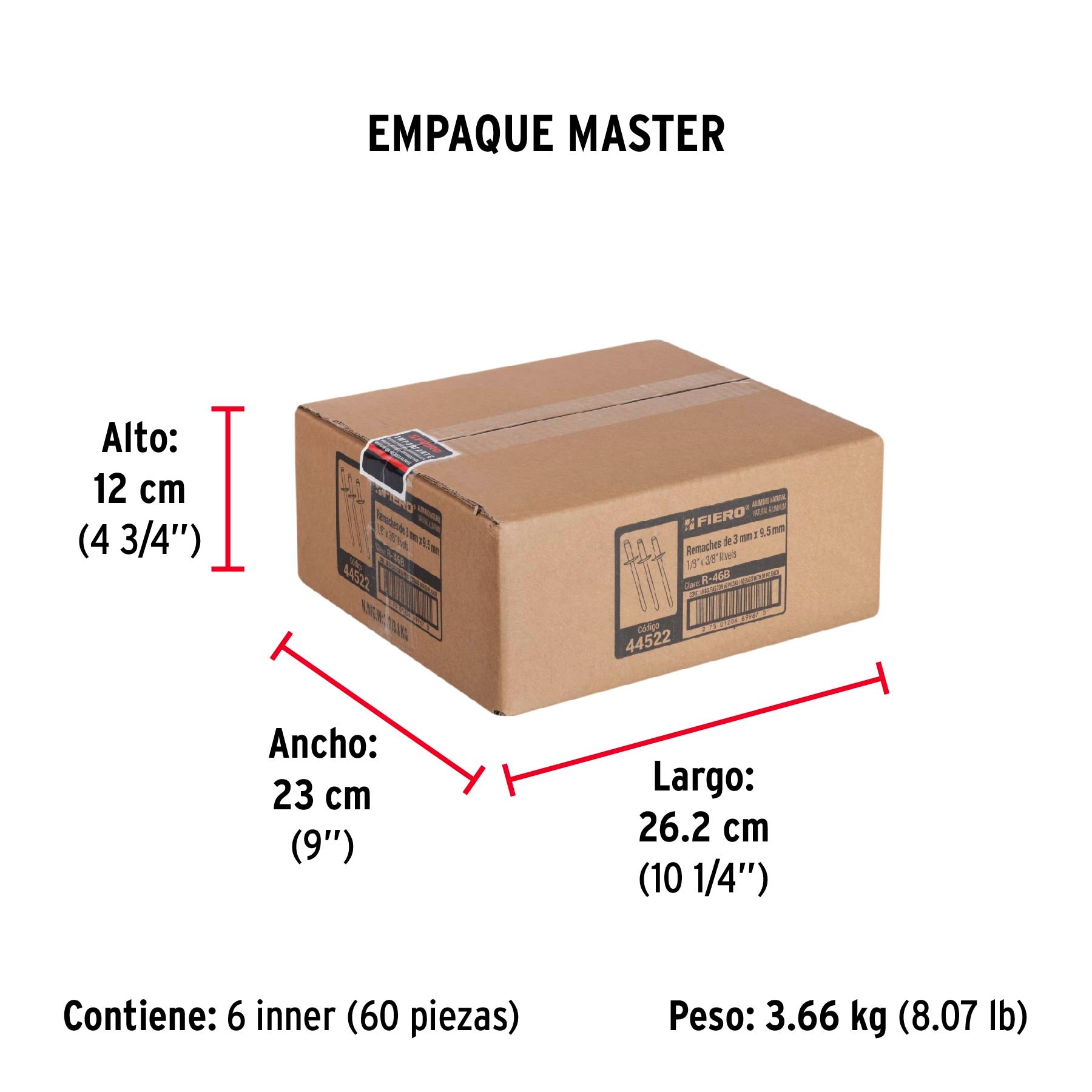 Remache 46 de 1/8" X 3/8'' Fiero Bolsa con 50 Piezas