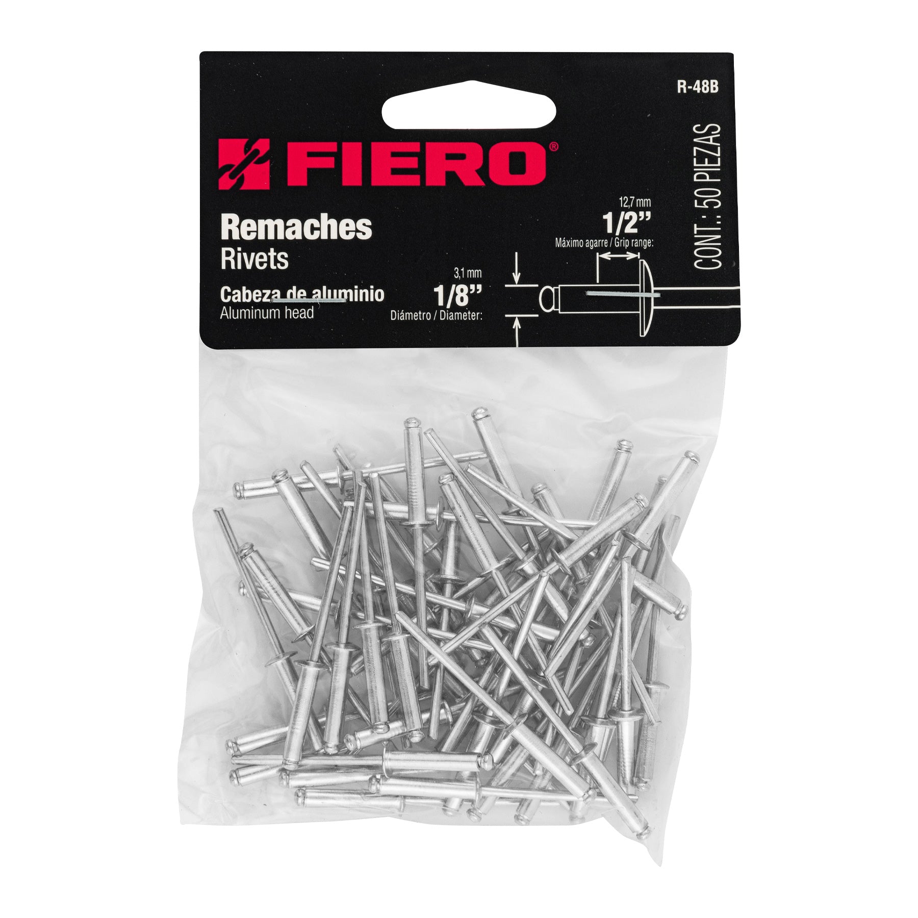 Remache 48 de 1/8" X 1/2'' Fiero Bolsa con 50 Piezas