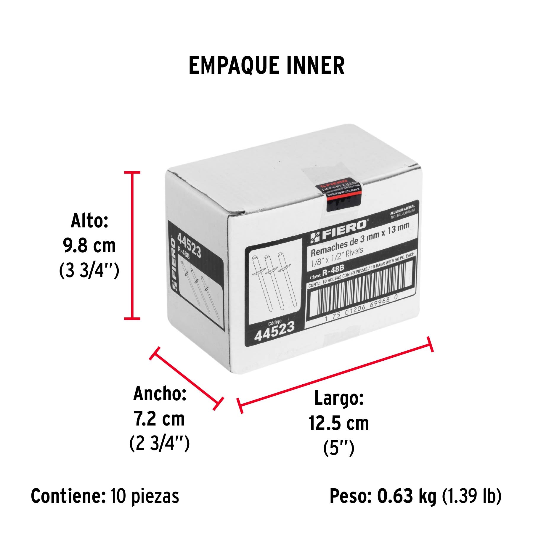Remache 48 de 1/8" X 1/2'' Fiero Bolsa con 50 Piezas