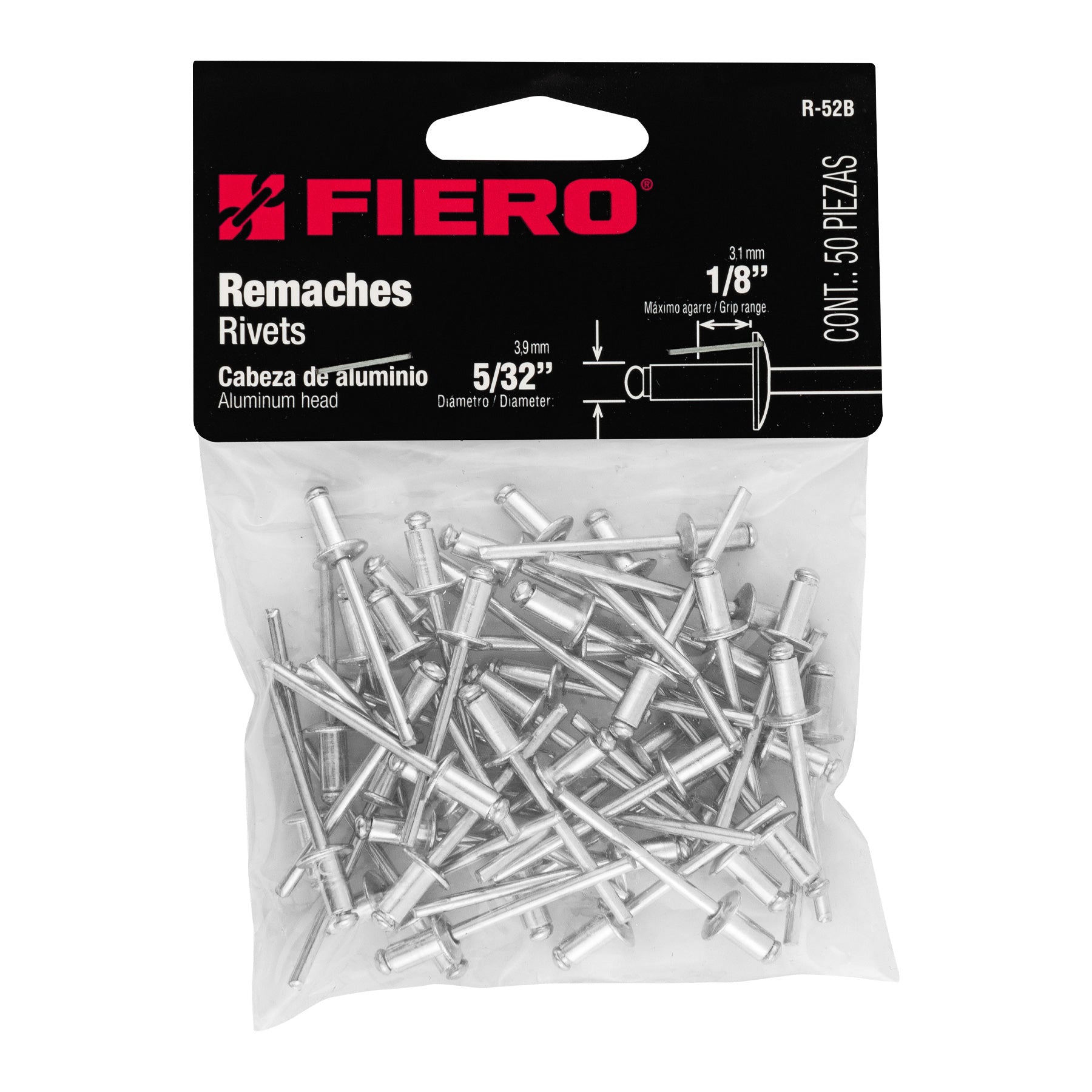 Remache 52 de 5/32" X 1/8'' Fiero Bolsa con 50 Piezas