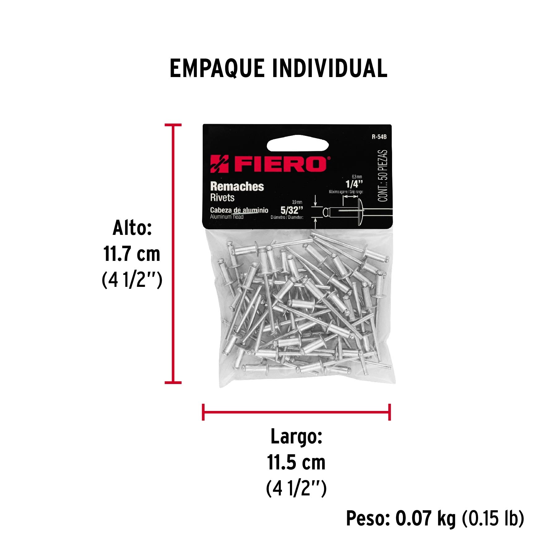 Remache 54 de 5/32" X 1/4'' Fiero Bolsa con 50 Piezas