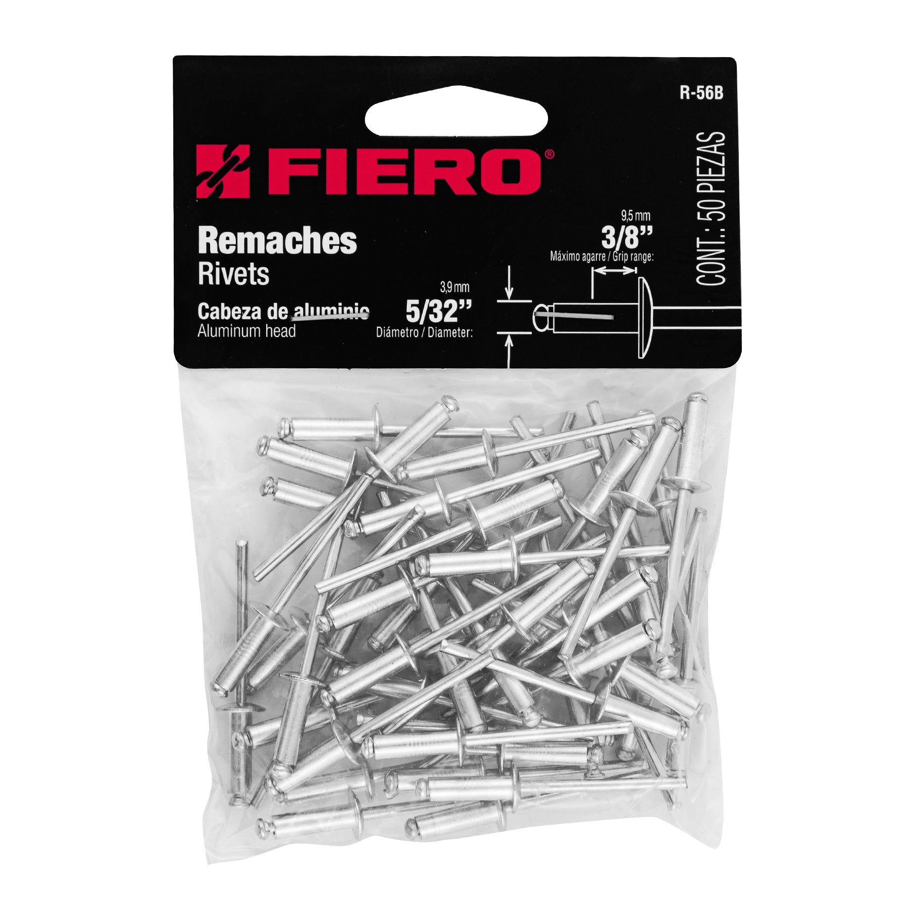Remache 56 de 5/32" X 3/8'' Fiero Bolsa con 50 Piezas