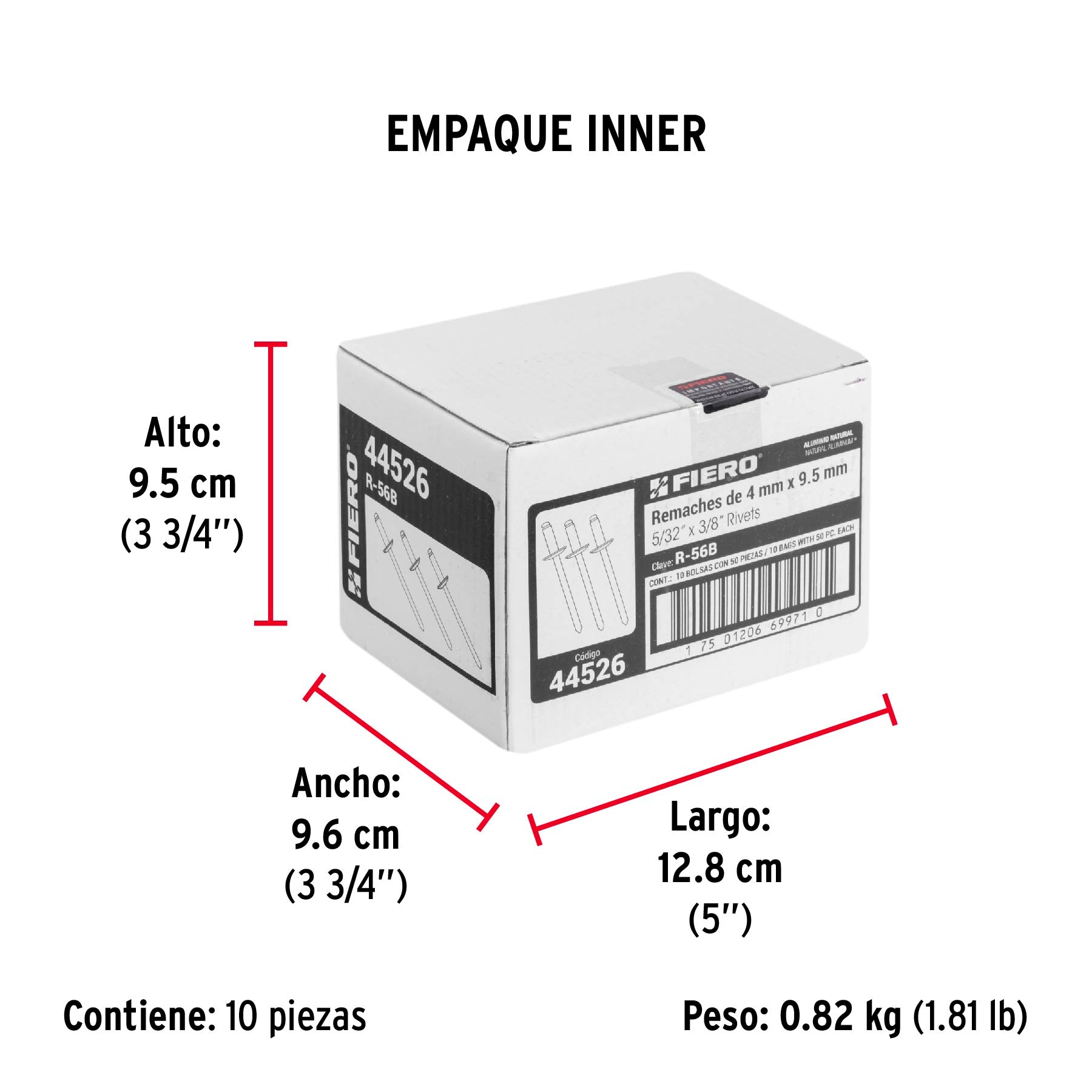 Remache 56 de 5/32" X 3/8'' Fiero Bolsa con 50 Piezas