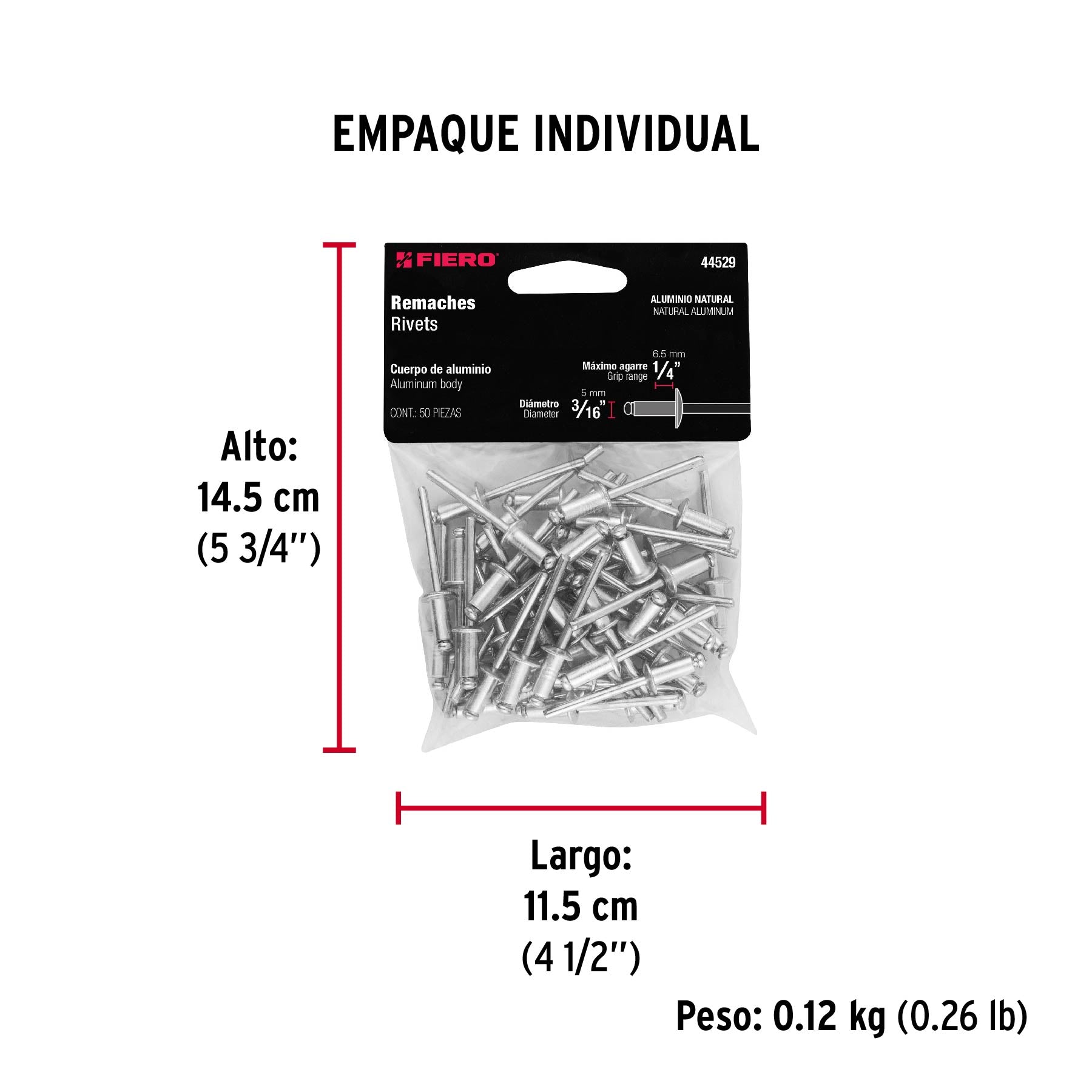 Remache 64 de 3/16" X 1/4'' Fiero Bolsa con 50 Piezas