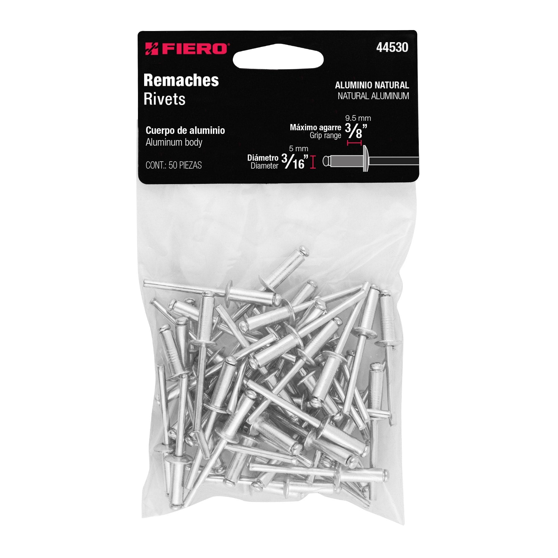 Remache 66 de 3/16" X 3/8'' Fiero Bolsa con 50 Piezas
