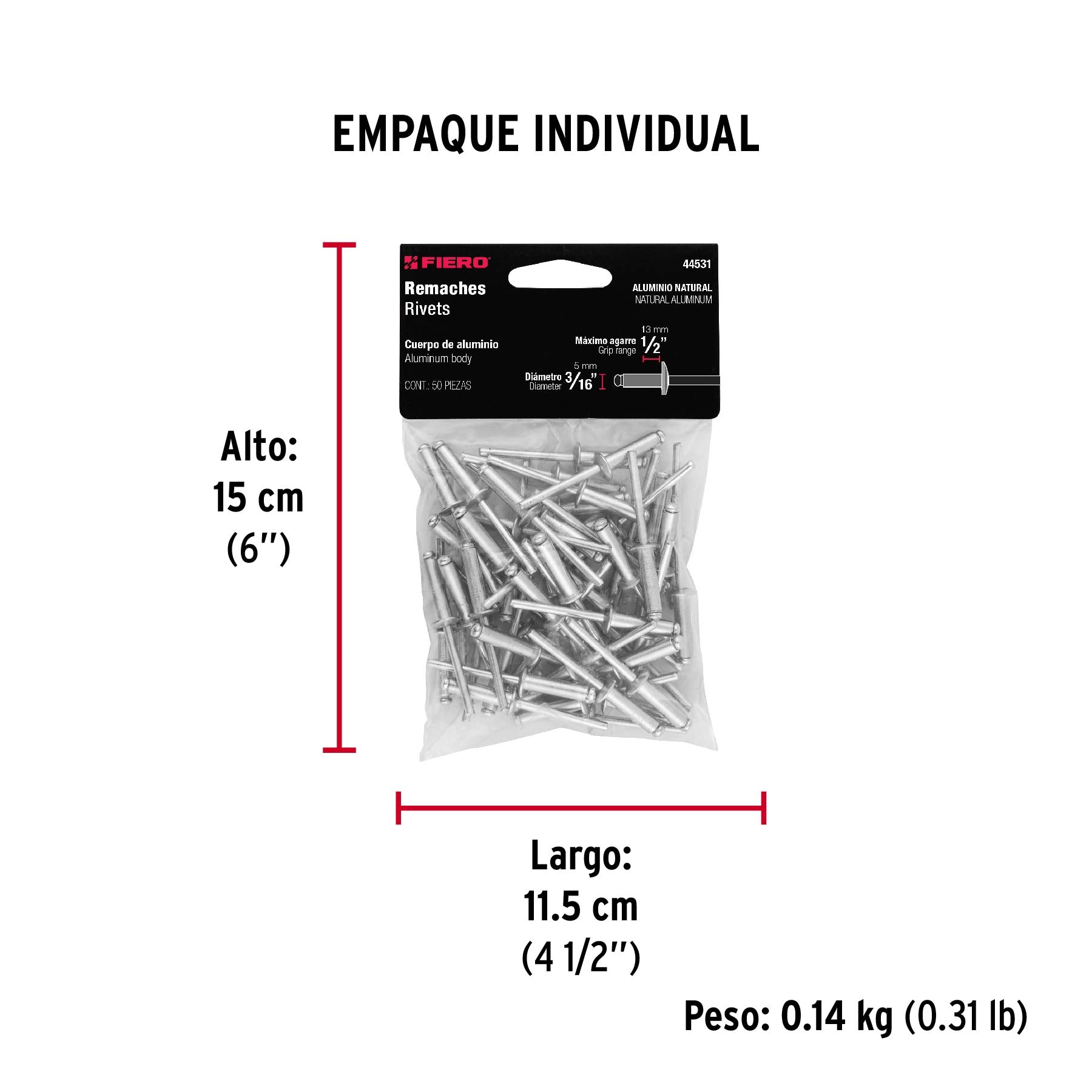 Remache 68 de 3/16" X 1/2'' Fiero Bolsa con 50 Piezas