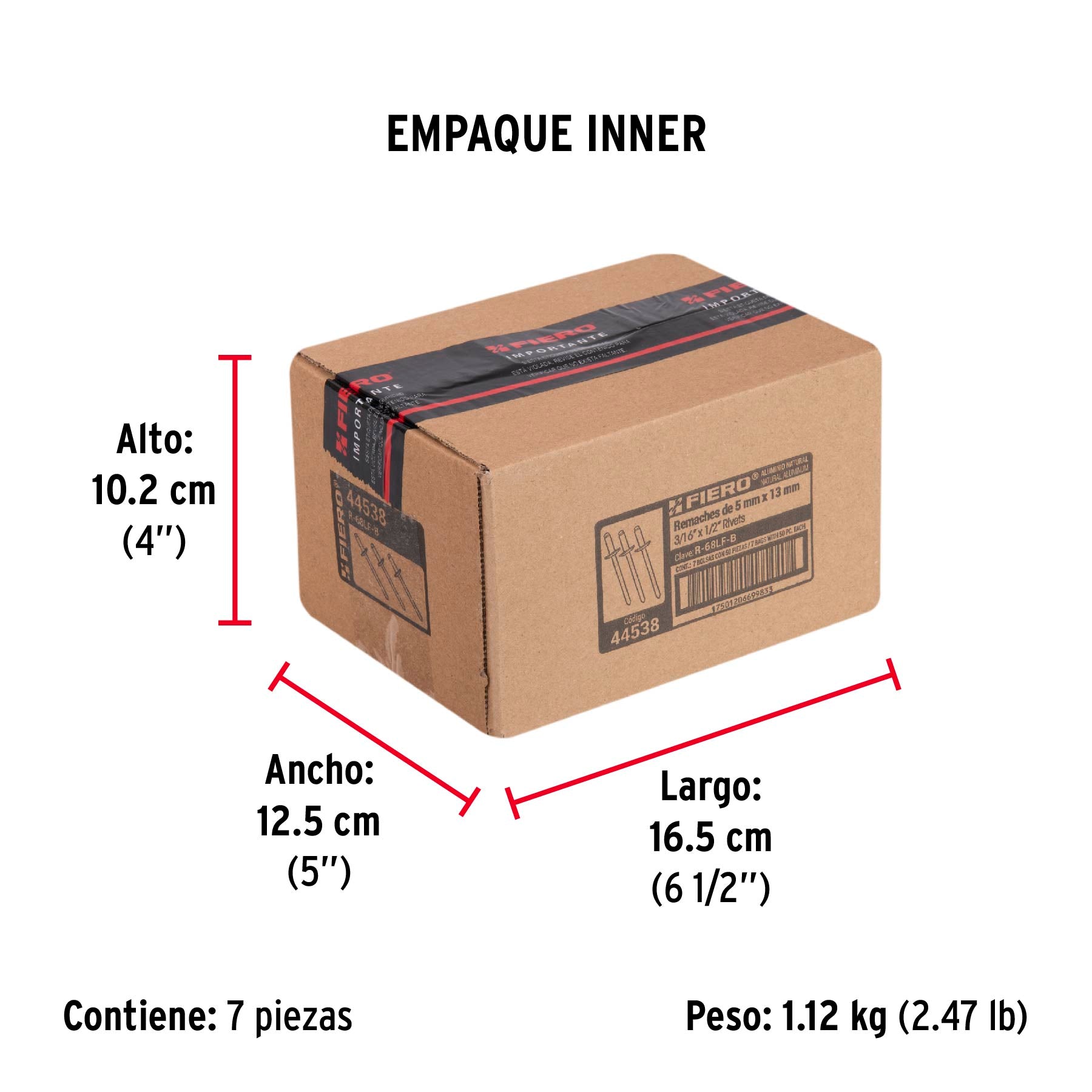 Remache Ala Ancha 68 de 3/16" X 1/2'' Fiero Bolsa con 50 Piezas