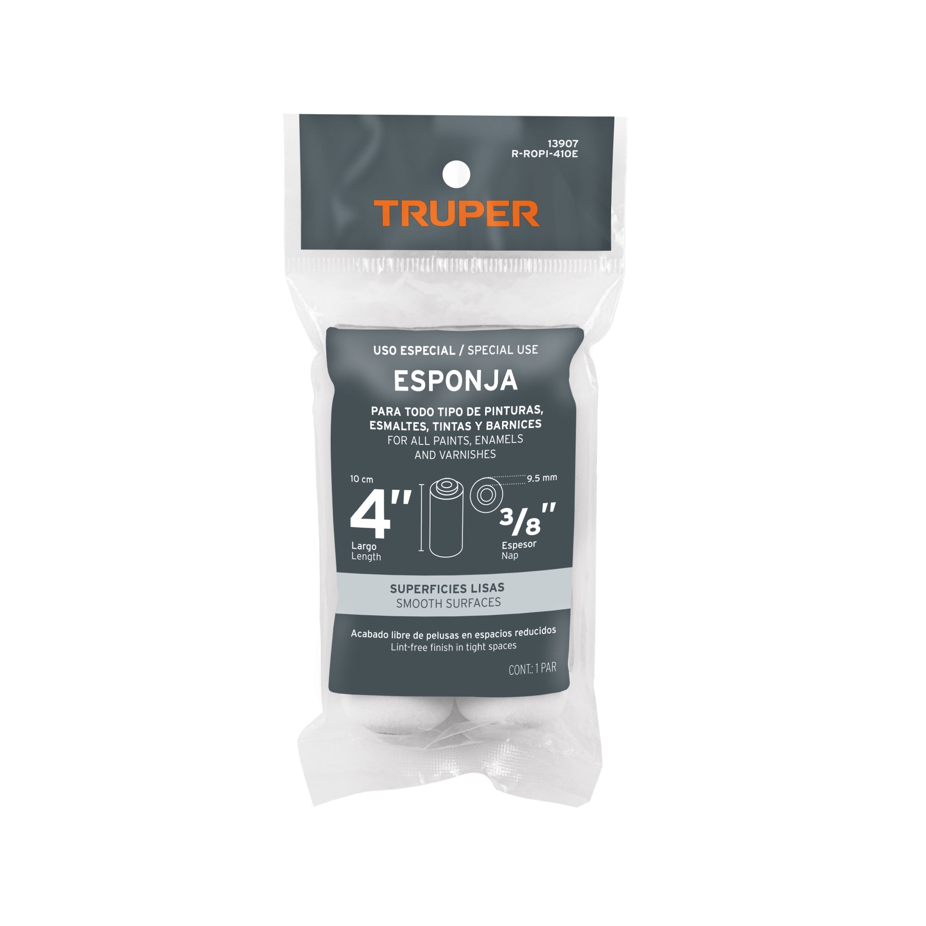 Felpa para Mini Rodillo 4" Truper Esponja Bolsa con 2