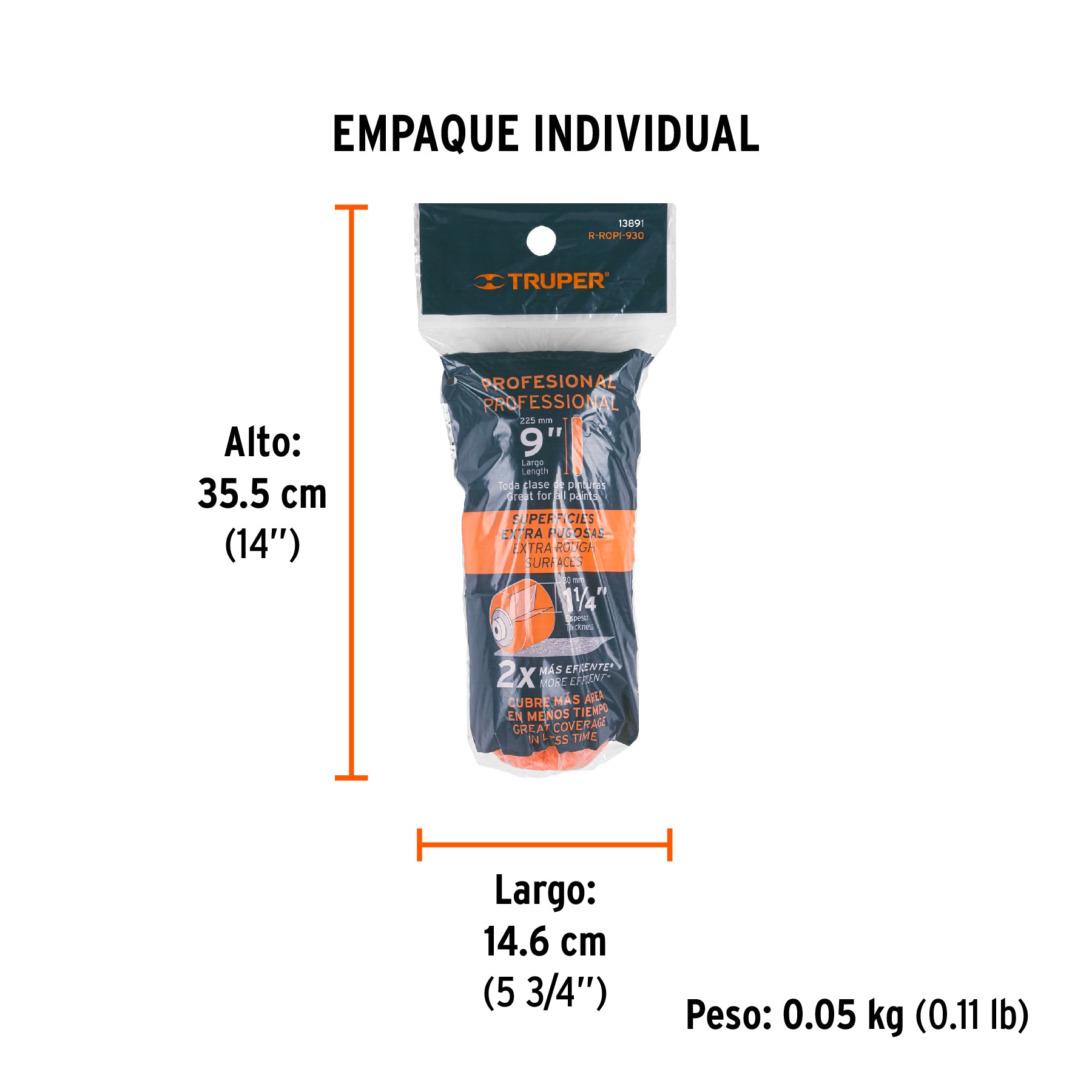 Felpa para Rodillo 9" x 1"1/4 Truper Superficies Extra Rugosas