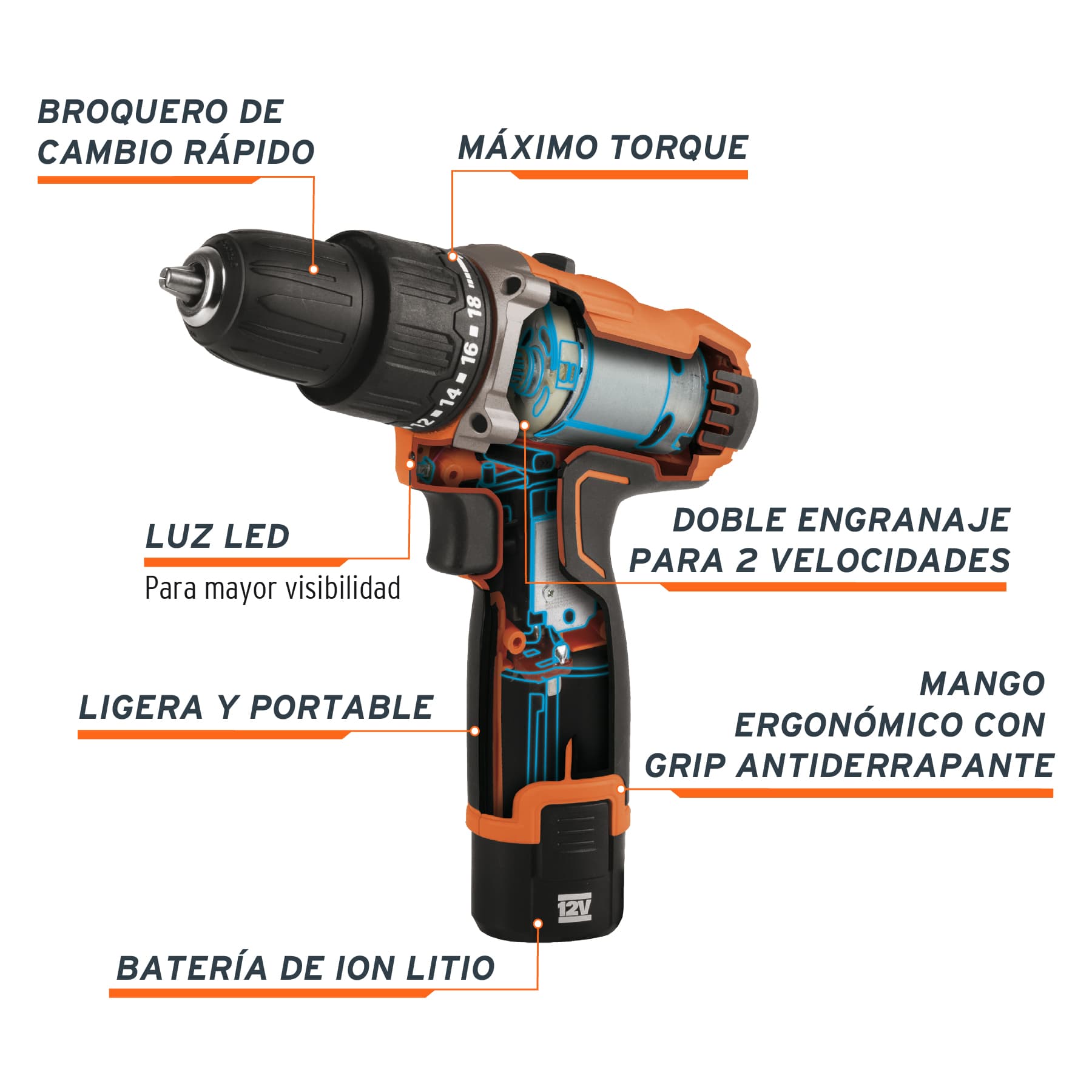 Rotomartillo Inalambrico 12 Volts Broquero 3/8" Compacto Truper Profesional