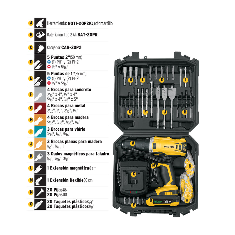 Kit Rotomartillo Inalambrico 20 Volts con Accesorios Pretul