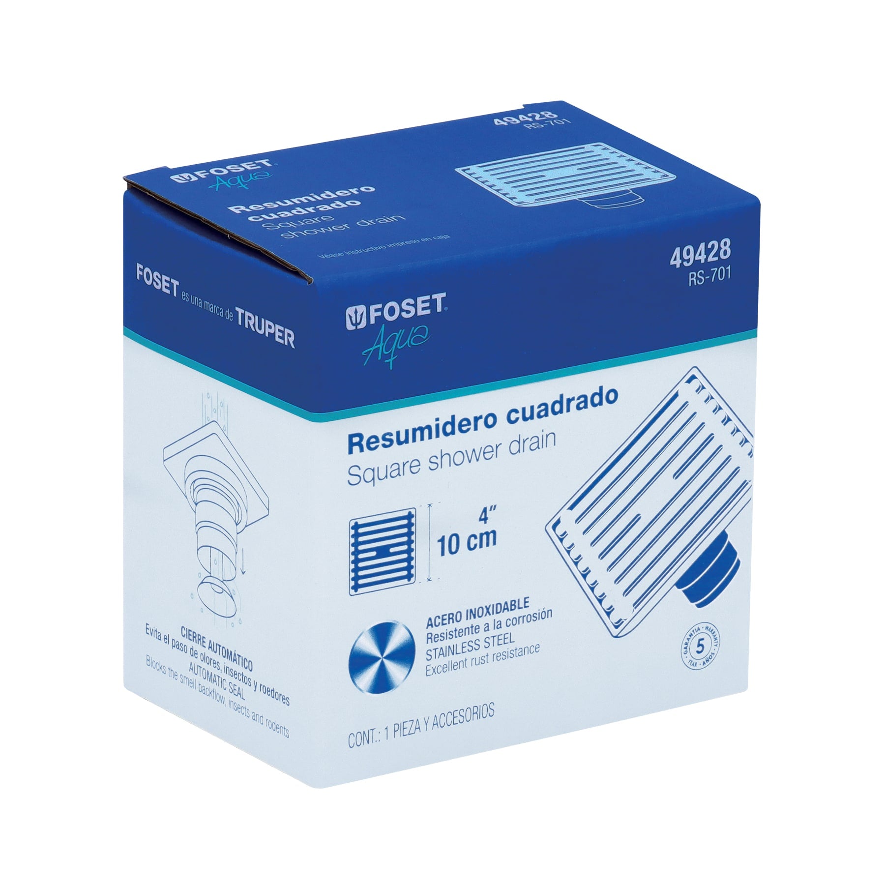 Coladera Cuadrada Acero Inoxidable 4" X 4" FOSET AQUA
