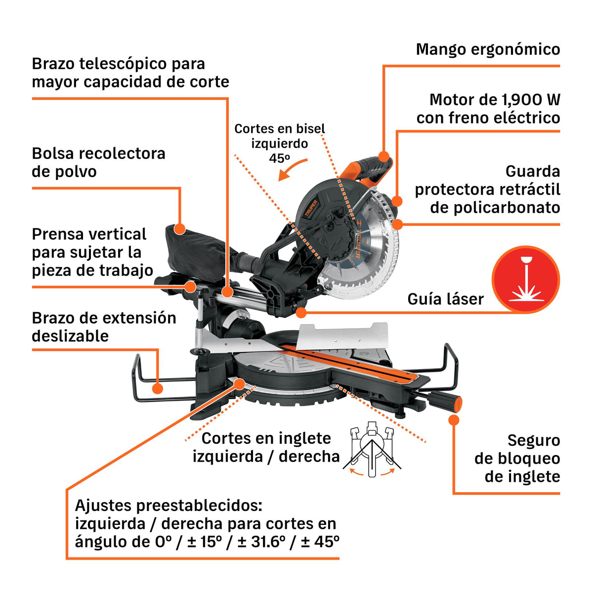 Sierra de Inglete 10", 1900 W Telescopica Compuesta Truper