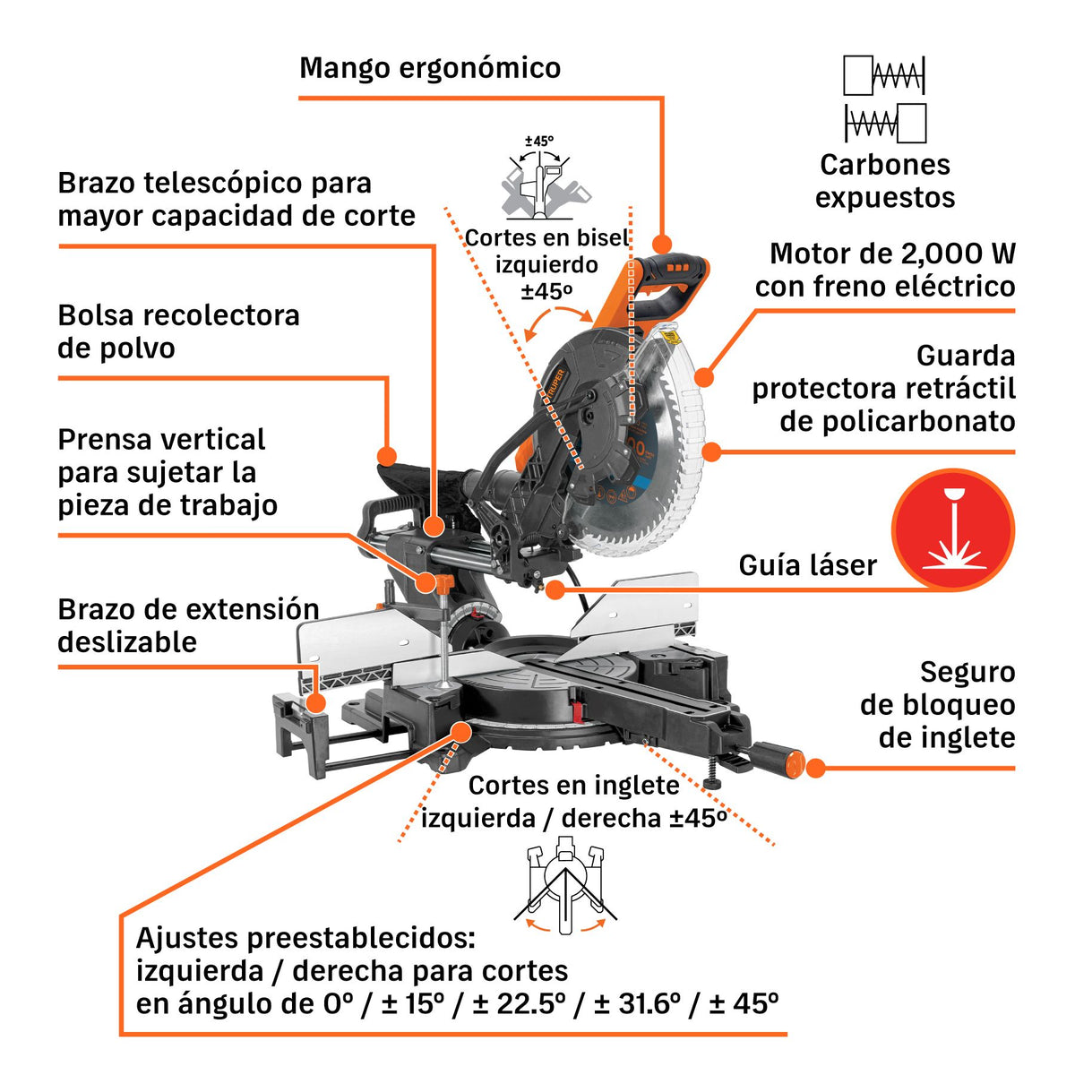 Sierra de Inglete 12", 2000 W Telescopica Compuesta Truper