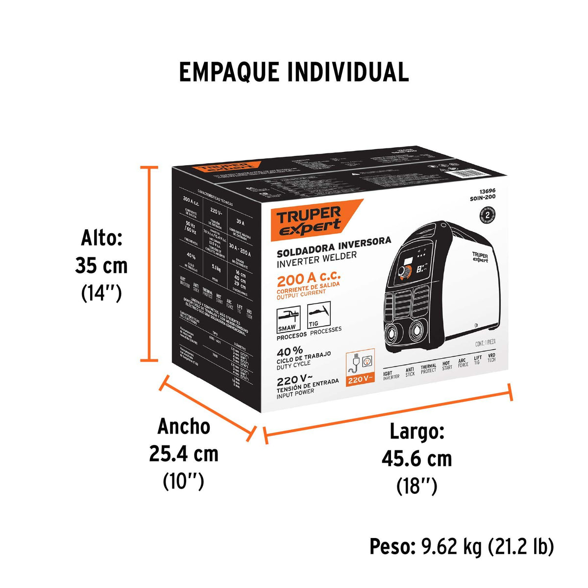 Soldadora Inversora SMAW y GTAW 200A 220V TRUPER EXPERT