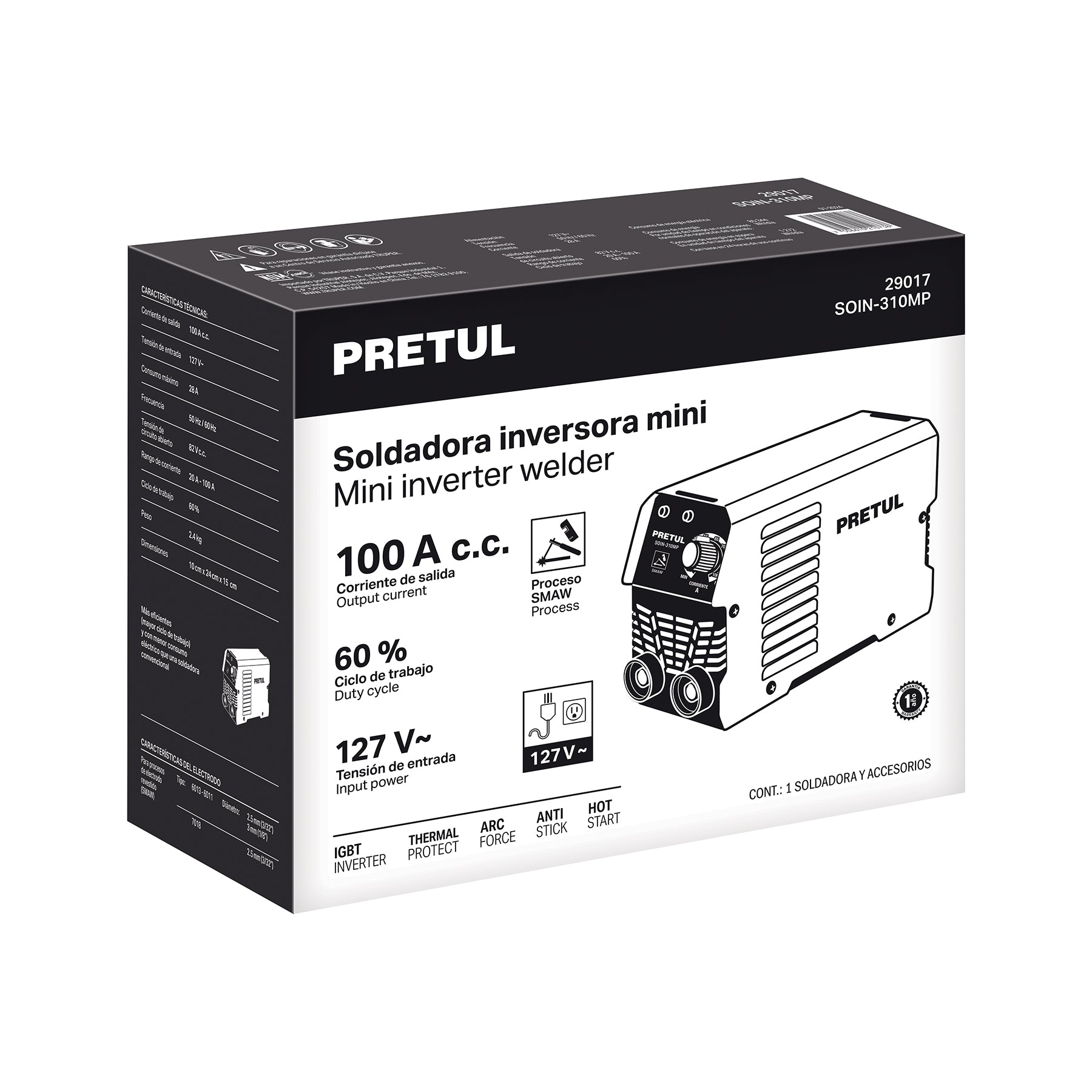 Mini Soldadora Inversora Proceso SMAW (MMA) 100 A 127V Serie 300 Pretul