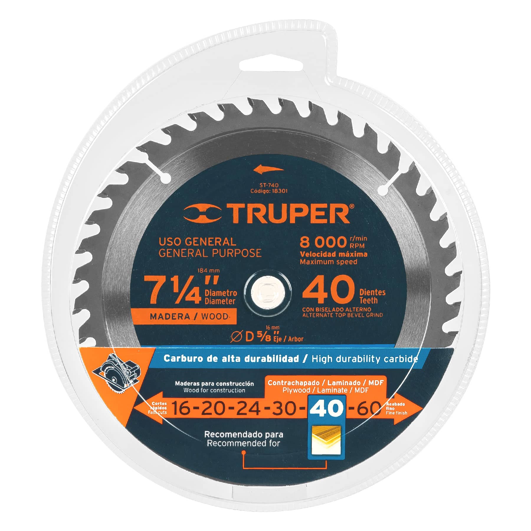 Disco Sierra Circular 7"1/4 para Madera 40 Dientes Centro 5/8" Truper