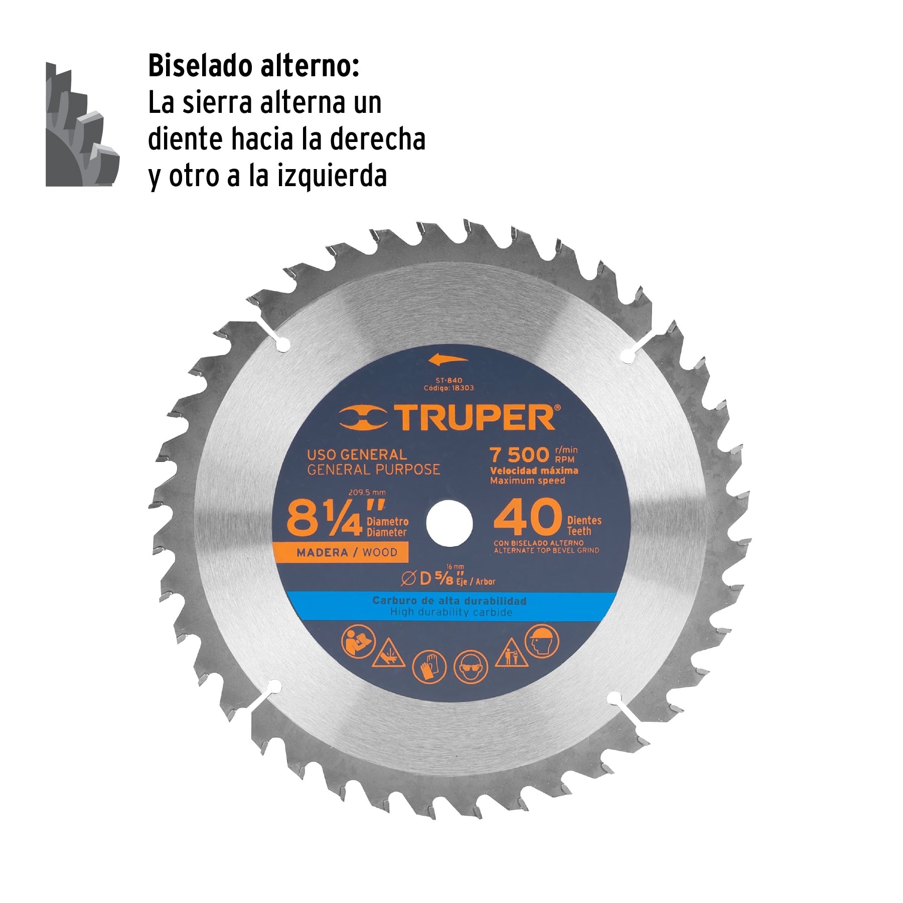 Disco Sierra Circular 8"1/4 para Madera 40 Dientes Centro 5/8" Truper