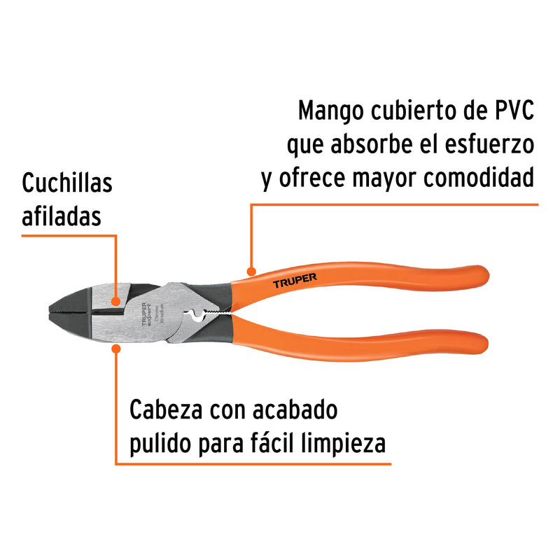 Pinzas de Electricista Alta Palanca con Ponchador de Terminales Mangos de PVC 9" Truper