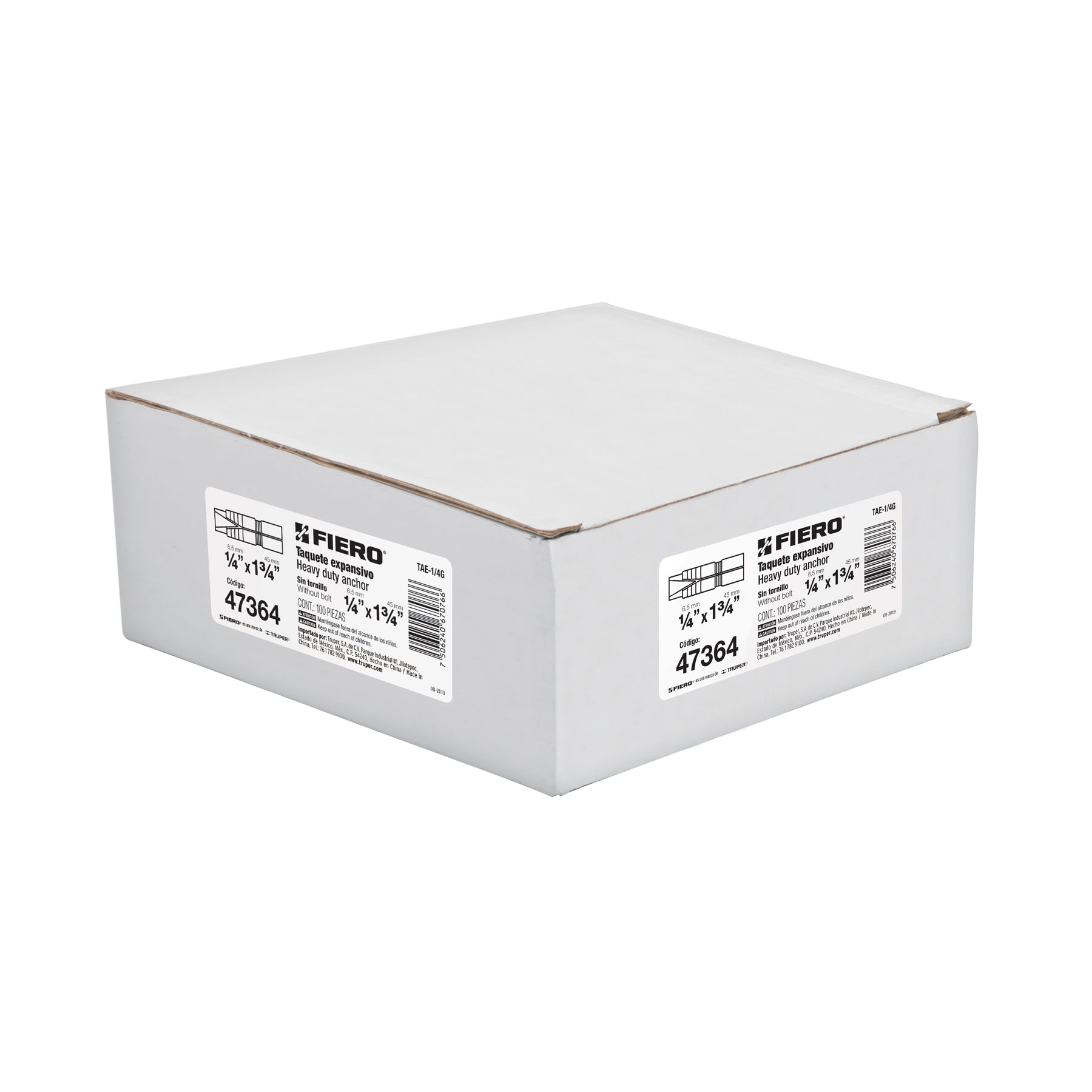 Taquete de Expansion 1/4" (6.5 mm) Fiero Caja con 100 Piezas
