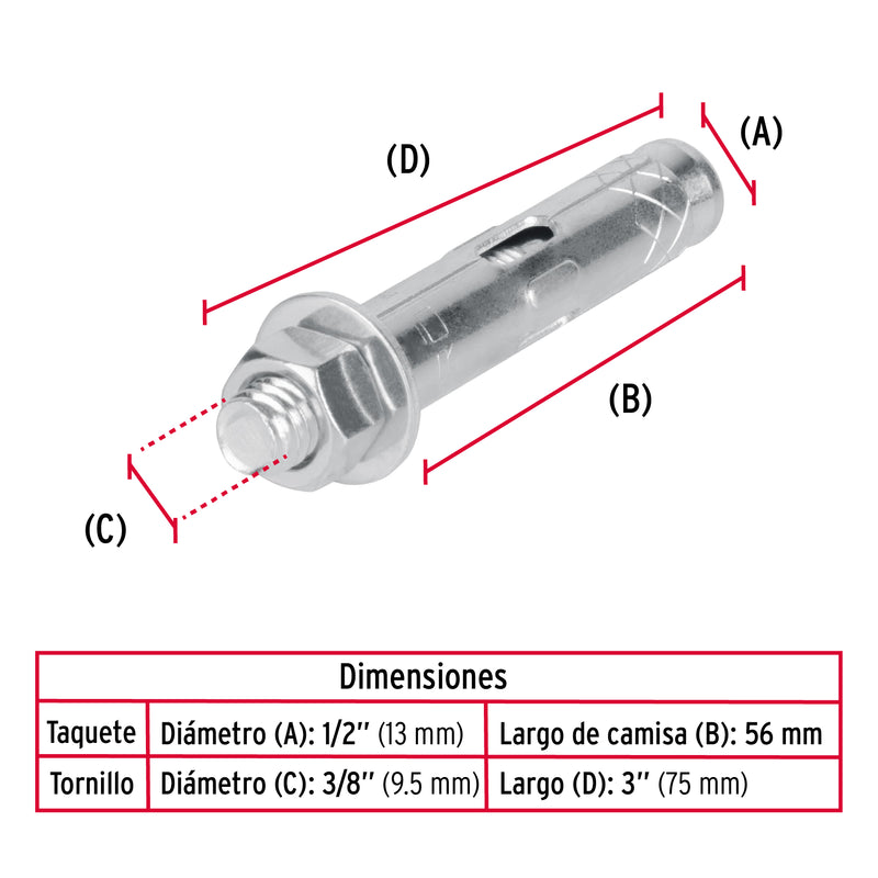 Taquete Tx 3/8" (9.5 mm) Fiero Caja 50 Piezas