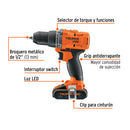 Taladro Inalambrico 20 Volts Broquero 1/2" con 1 Bateria y 1 Cargador Truper PRO