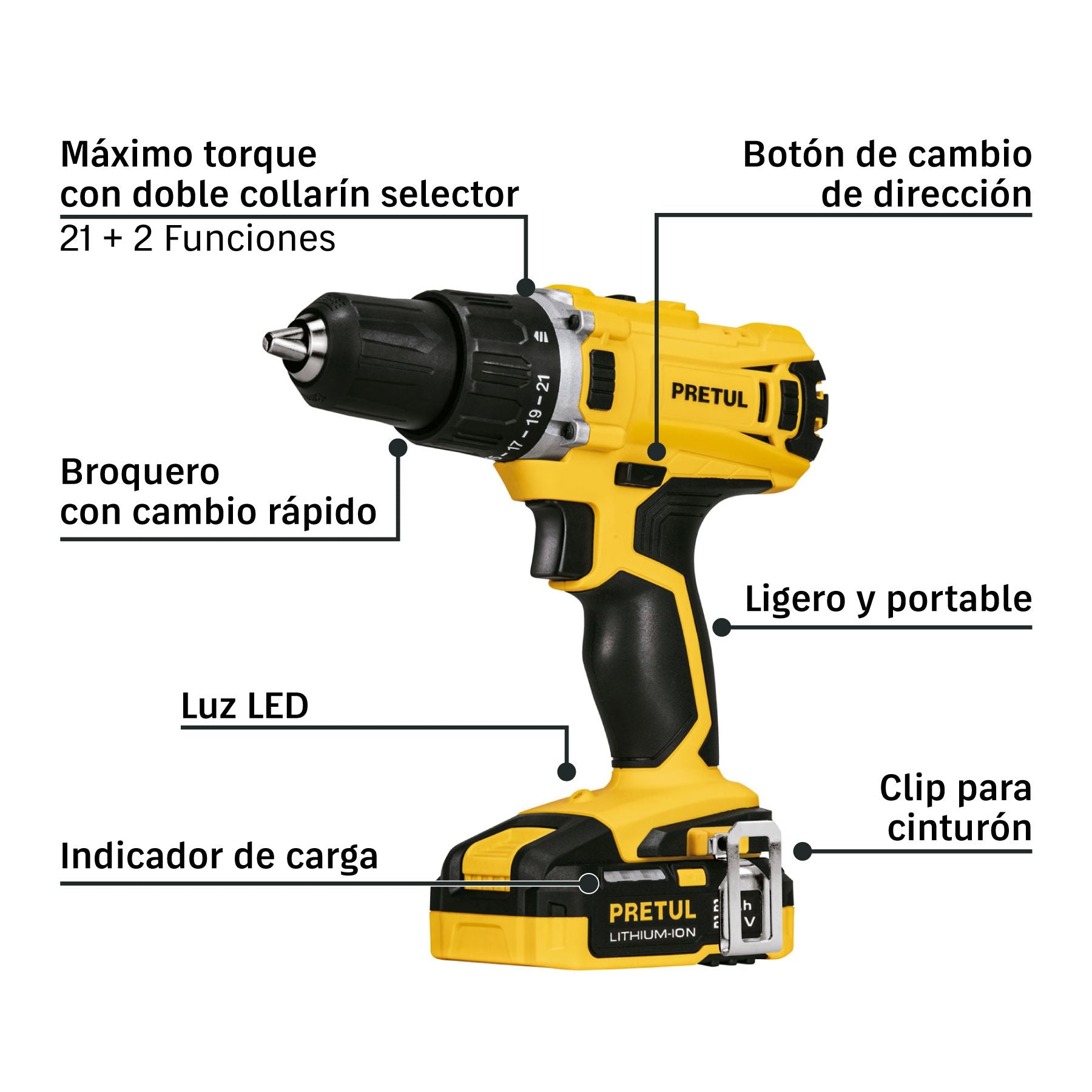 Taladro Inalambrico 20 Volts Broquero de 1/2"  Pretul