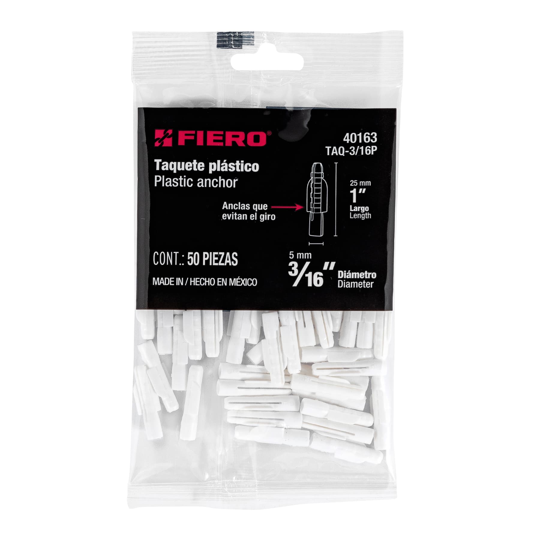 Bolsa con 50 Taquetes de Plastico 3/16" Blanco Fiero
