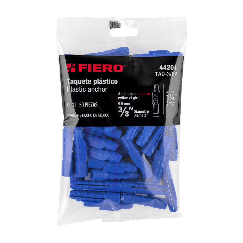 Bolsa con 50 Taquetes de Plastico 3/8" Azul Fiero