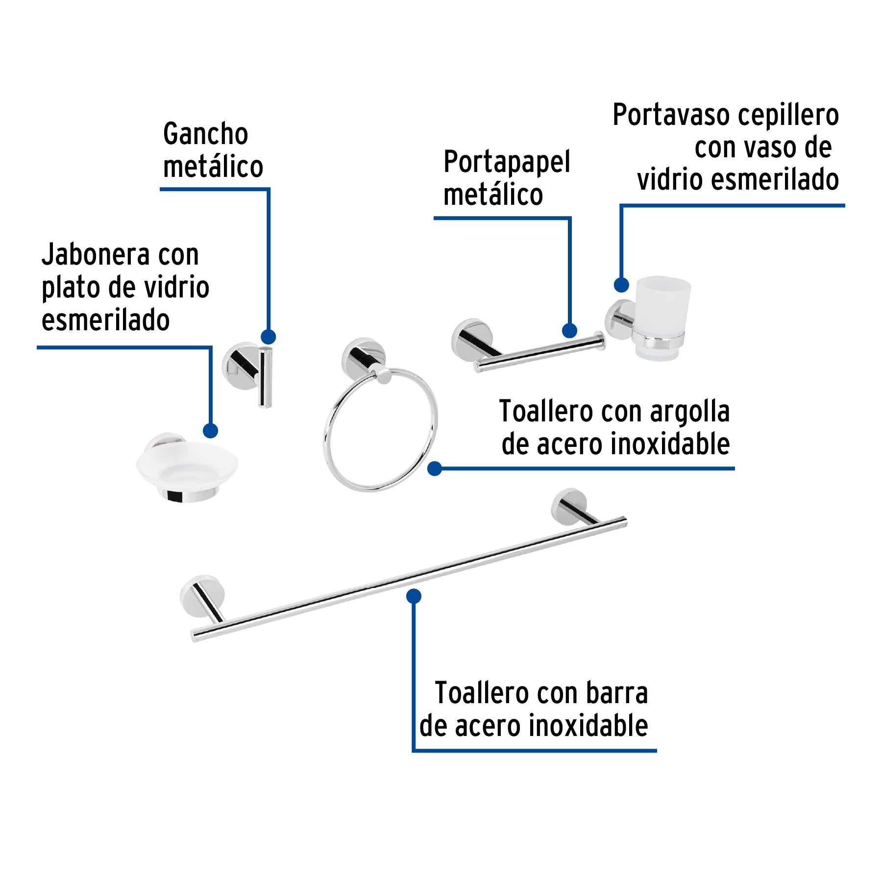 Juego de 6 Accesorios para Baño FOSET TUBIG Acabado Cromo