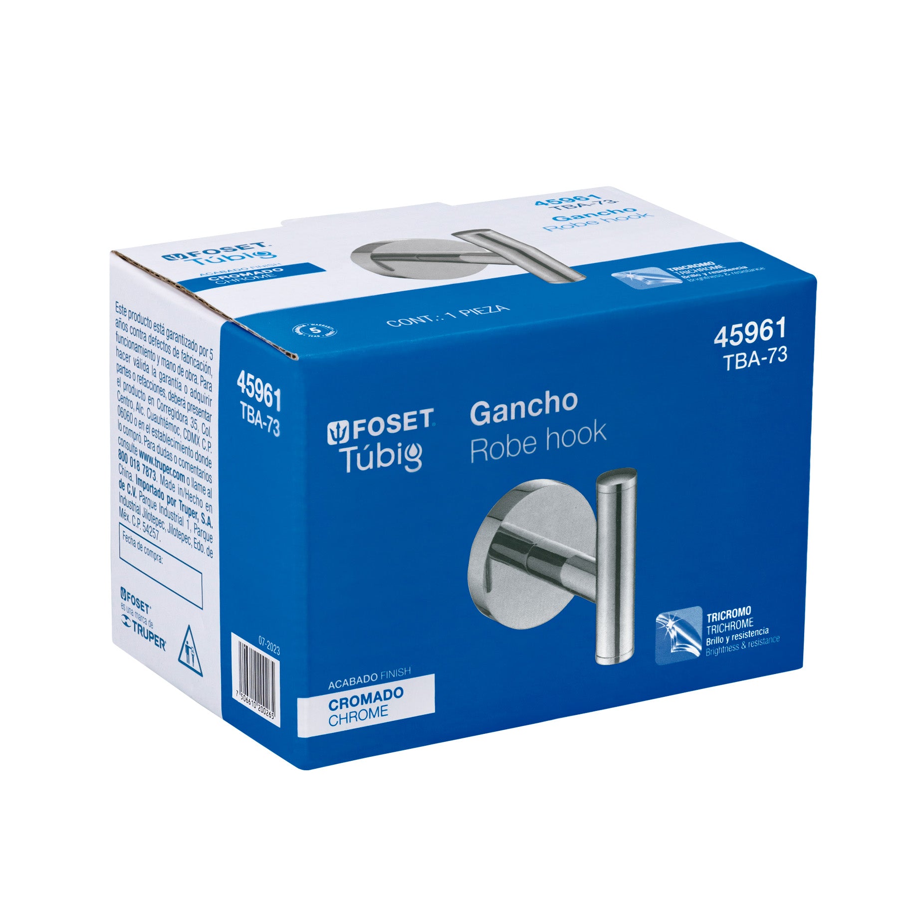Gancho Sencillo Metalico FOSET TUBIG Acabado Cromo