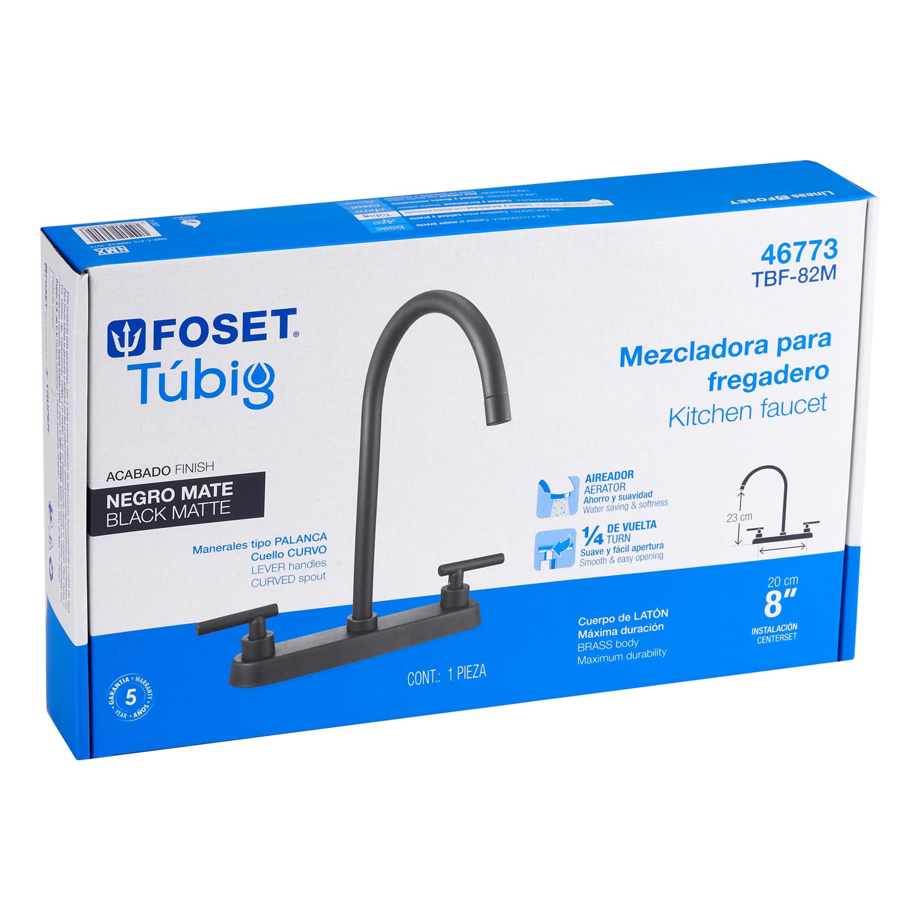 Mezcladora para Fregadero 8" Manerales Palanca FOSET TUBIG Acabado Negro Mate