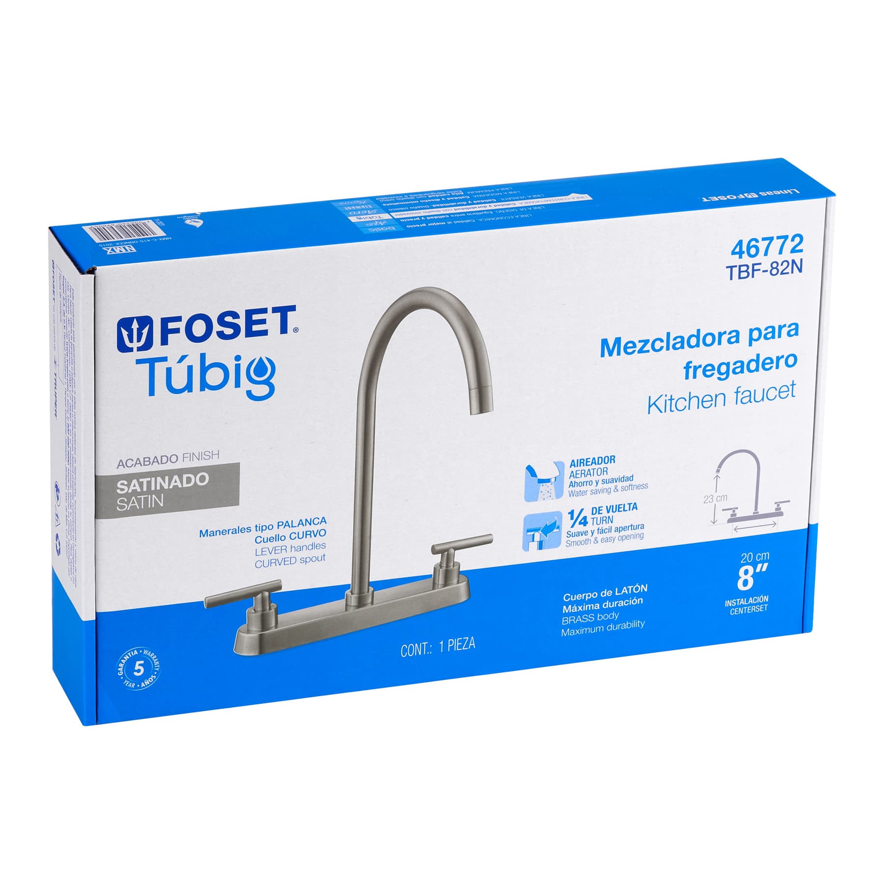 Mezcladora para Fregadero 8" Manerales Palanca FOSET TUBIG Acabado Satin