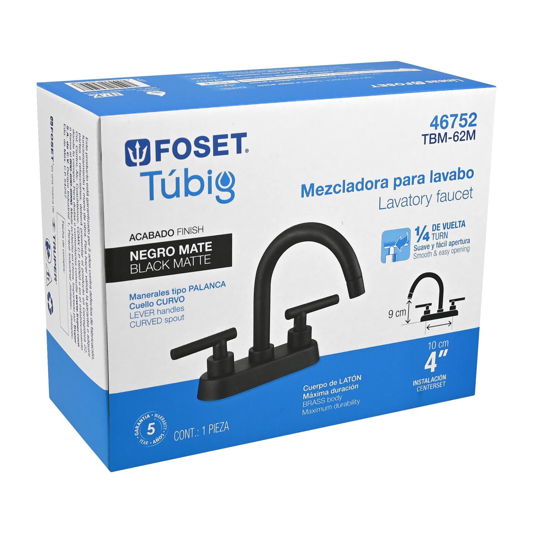 Mezcladora para Lavabo 4" Manerales Palanca FOSET TUBIG Acabado Negro Mate