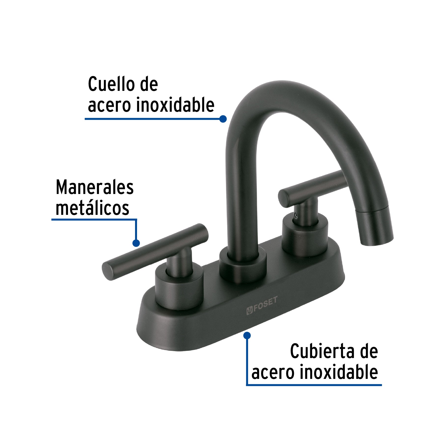 Mezcladora para Lavabo 4" Manerales Palanca FOSET TUBIG Acabado Negro Mate