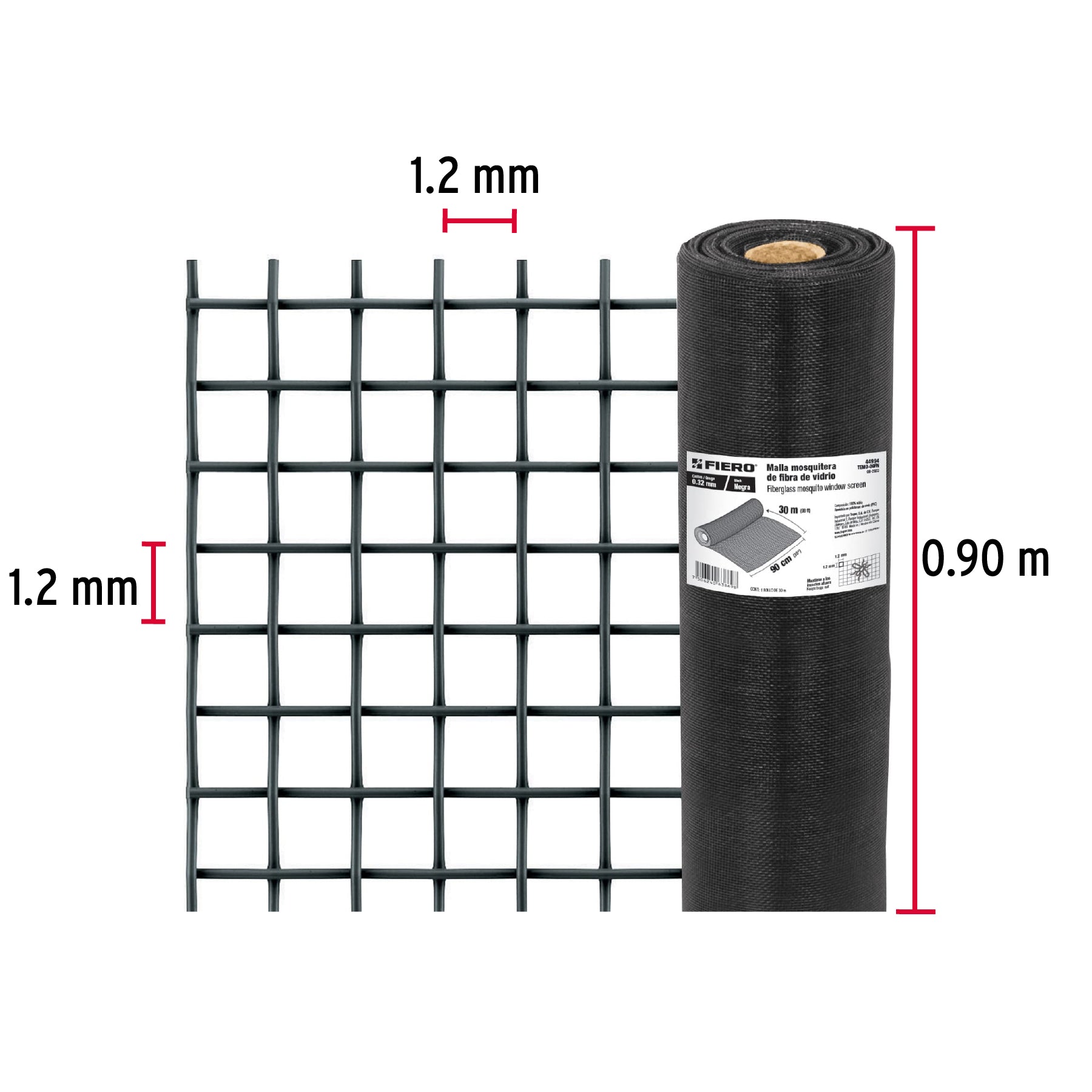 Malla Mosquitera Fibra de Vidrio Altura 0.90 mts Negra Fiero Rollo 30 Metros