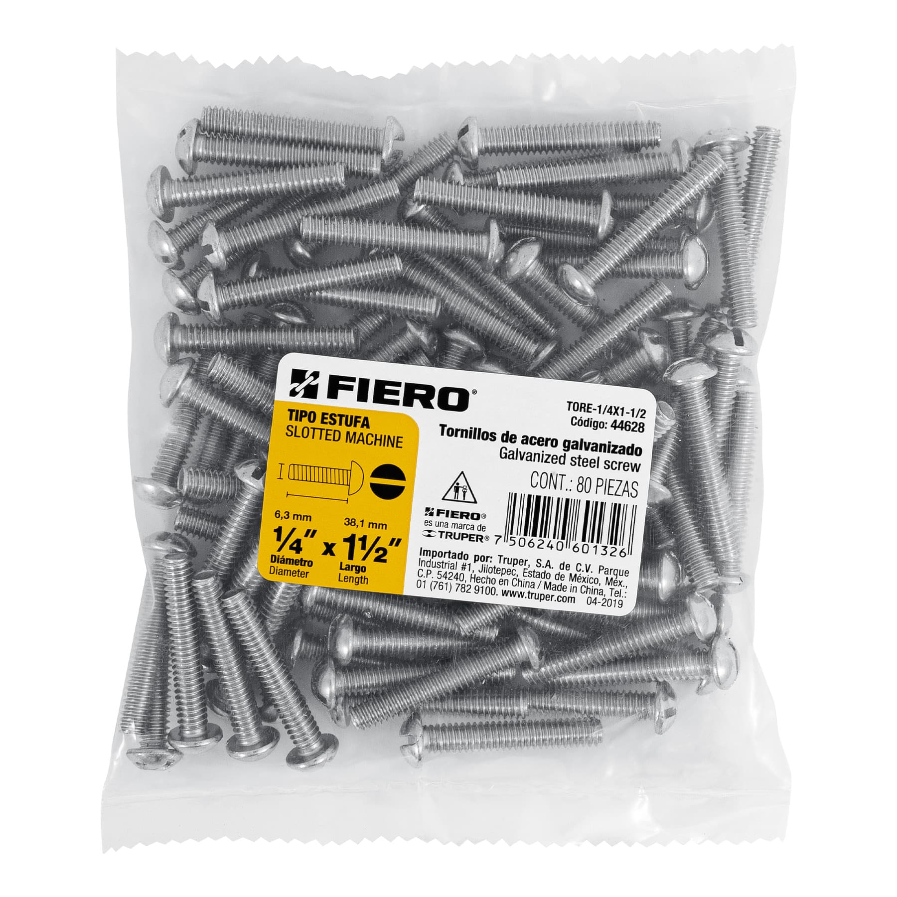 Tornillo Tipo Estufa 1/4" X 1"1/2 Fiero Bolsa 80 Piezas