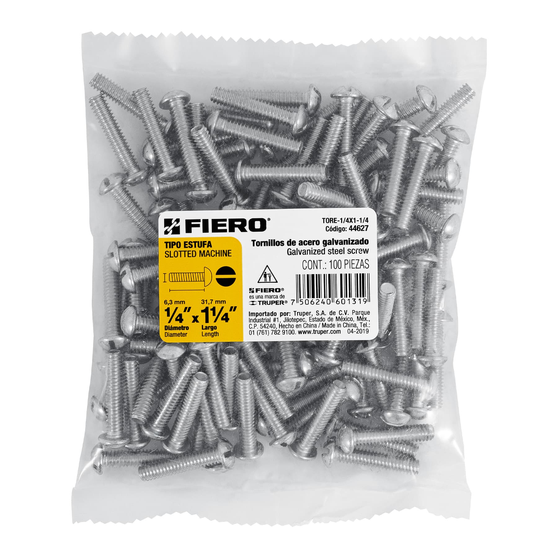 Tornillo Tipo Estufa 1/4" X 1"1/4 Fiero Bolsa 100 Piezas
