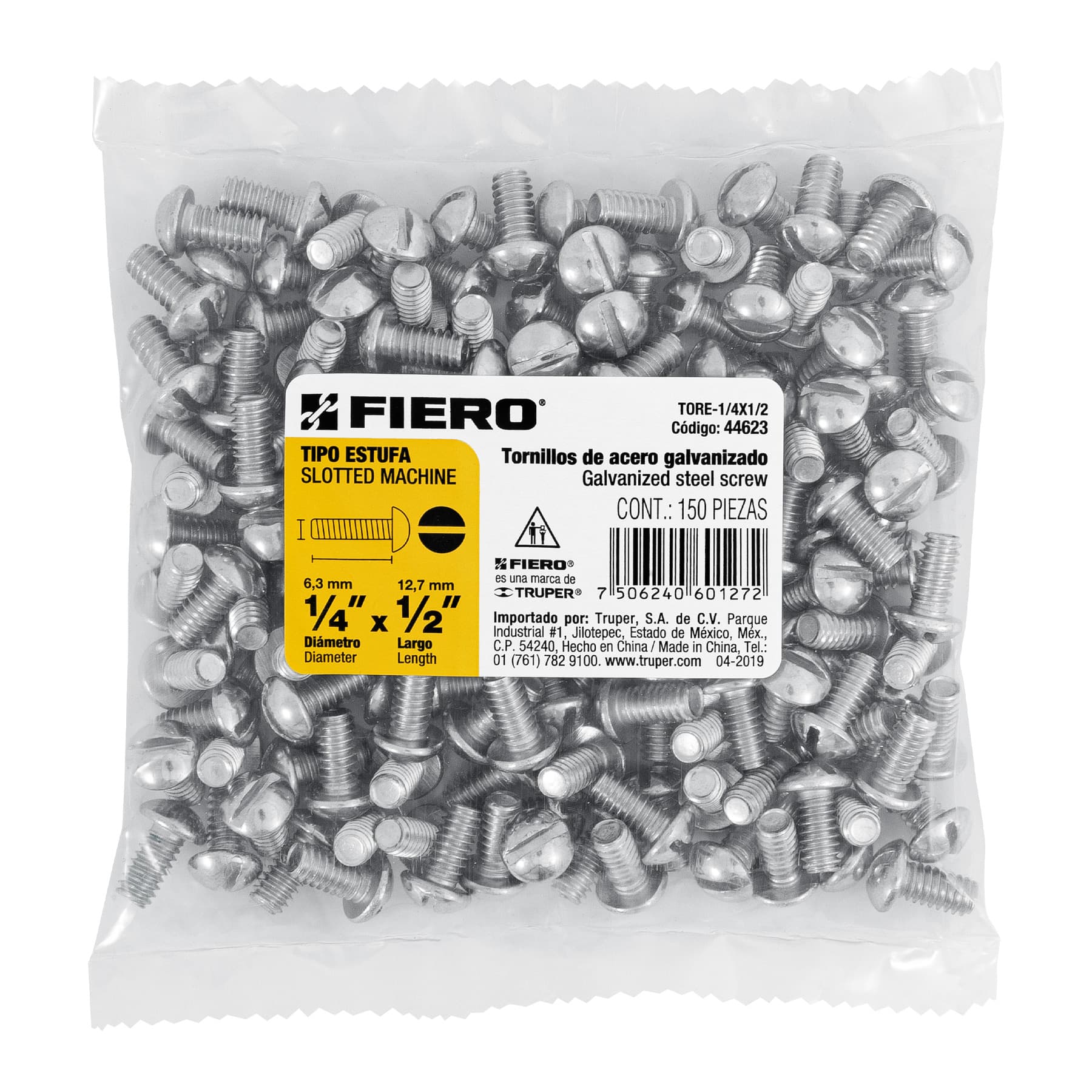 Tornillo Tipo Estufa 1/4" X  1/2" Fiero Bolsa 150 Piezas