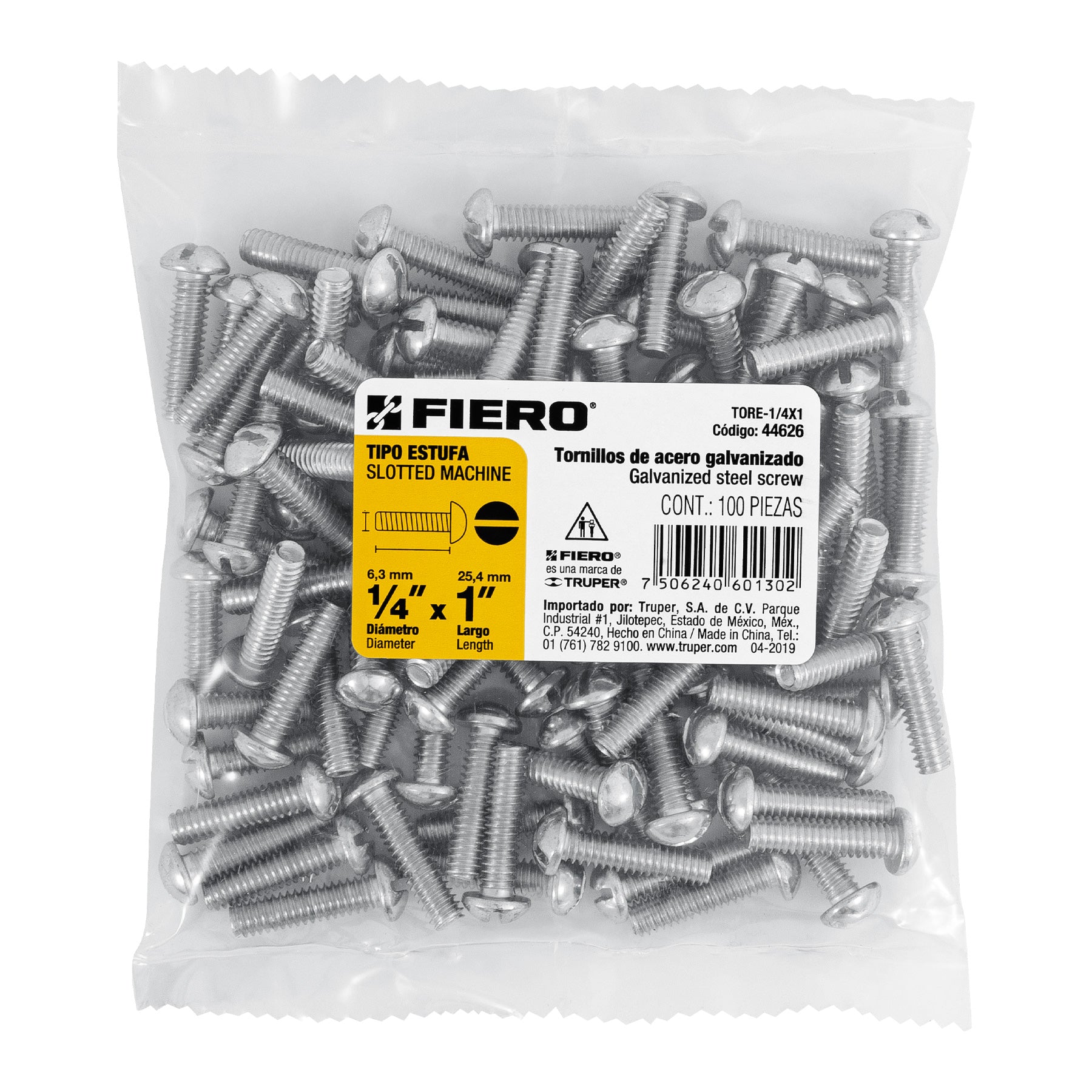 Tornillo Tipo Estufa 1/4" X 1" Fiero Bolsa 100 Piezas