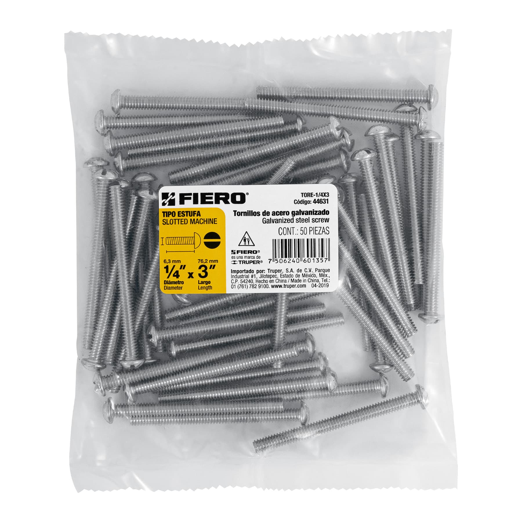 Tornillo Tipo Estufa 1/4" X 3" Fiero Bolsa 50 Piezas