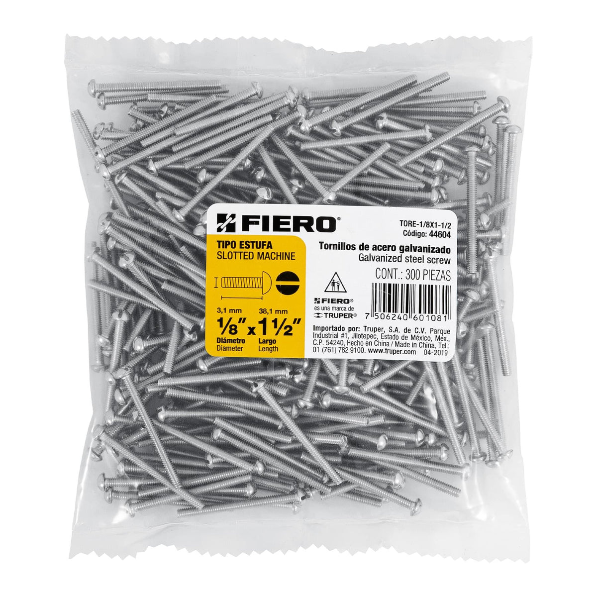 Tornillo Tipo Estufa 1/8" x 1"1/2 Fiero Bolsa 300 Piezas
