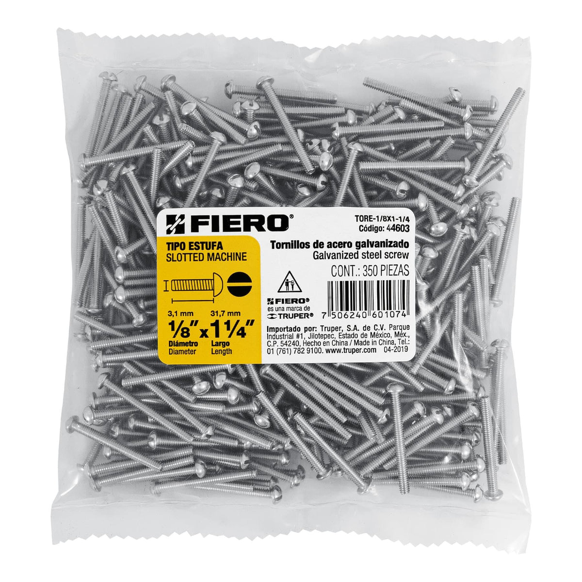 Tornillo Tipo Estufa 1/8" x 1"1/4 Fiero Bolsa 350 Piezas