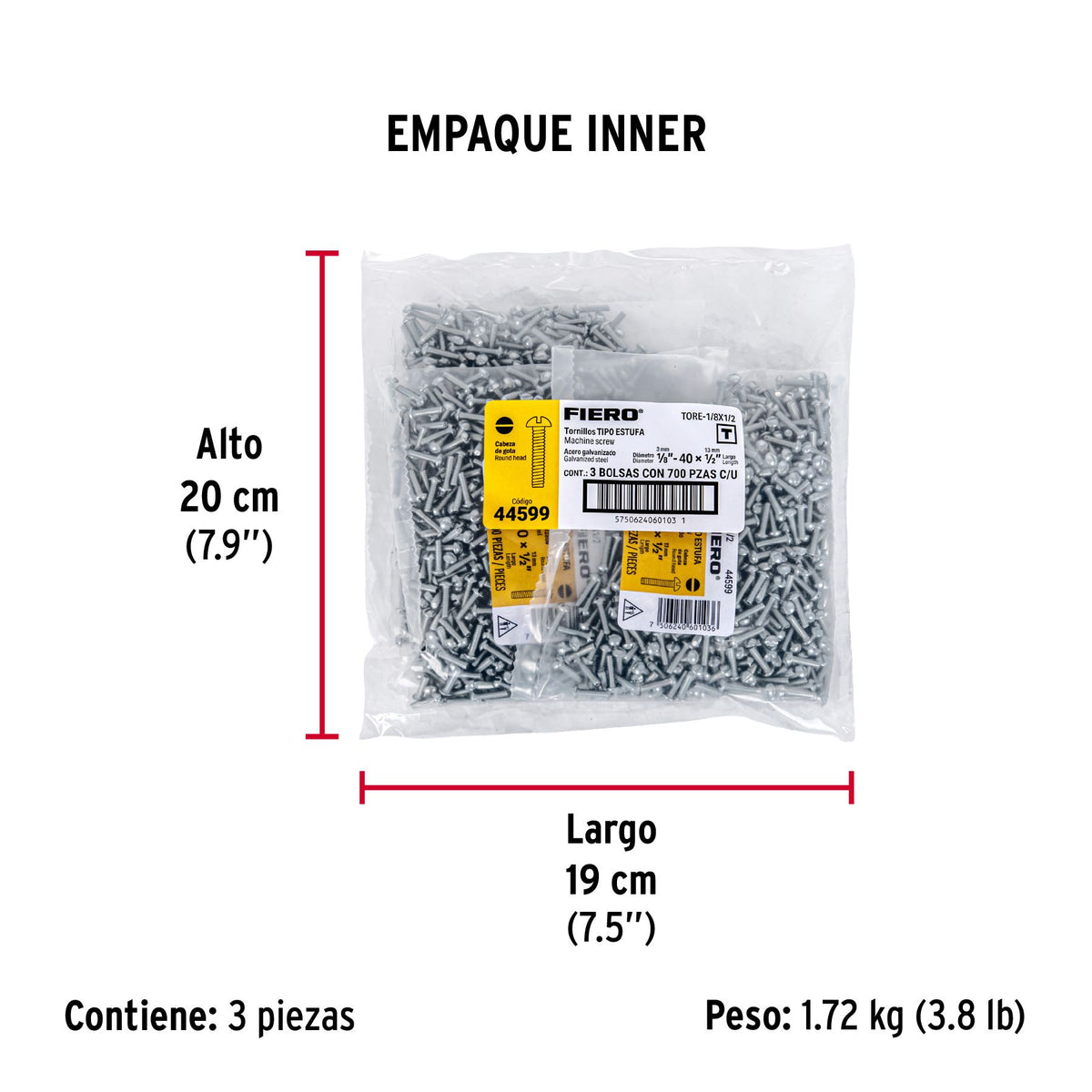 Tornillo Tipo Estufa 1/8" x  1/2" Fiero Bolsa 700 Piezas