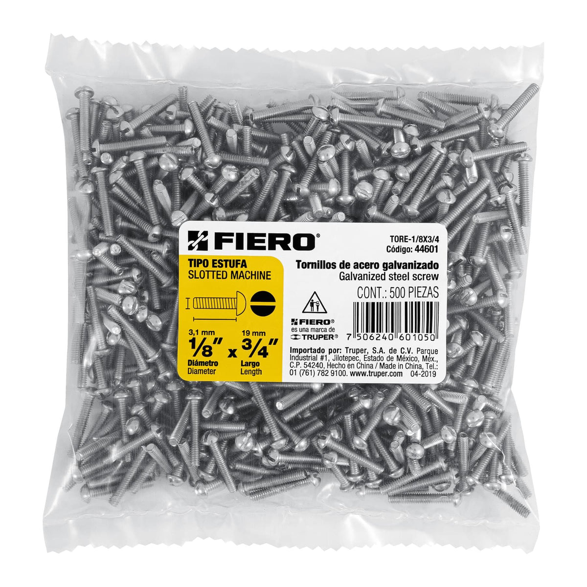 Tornillo Tipo Estufa 1/8" x  3/4" Fiero Bolsa 500 Piezas