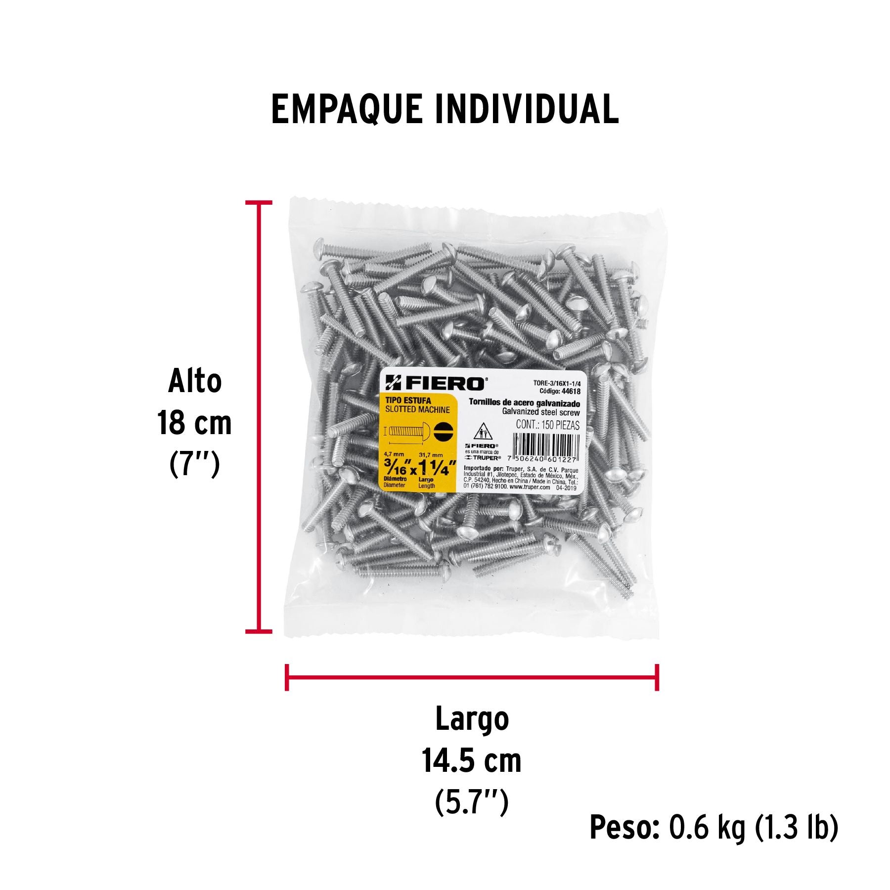 Tornillo Tipo Estufa 3/16" x 1"1/4 Fiero Bolsa 150 Piezas