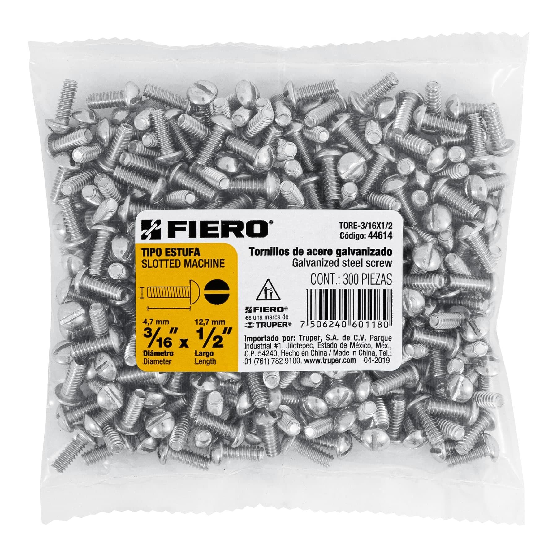 Tornillo Tipo Estufa 3/16" x  1/2" Fiero Bolsa 300 Piezas