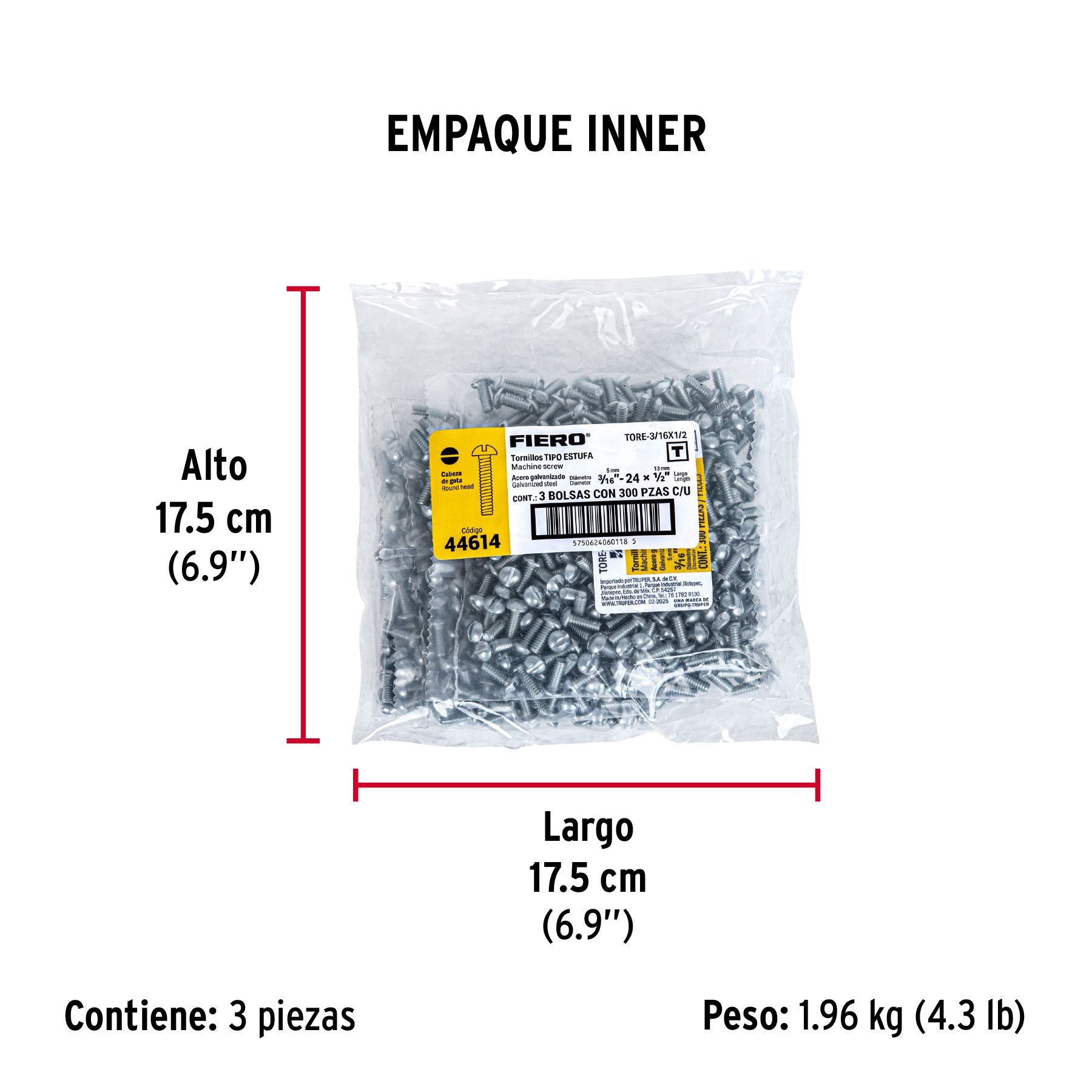 Tornillo Tipo Estufa 3/16" x  3/4" Fiero Bolsa 250 Piezas